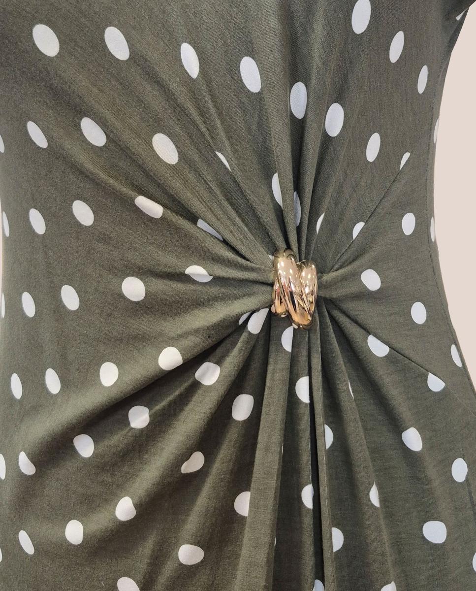 Vestido às Bolinhas com Manga Curta Caqui-3