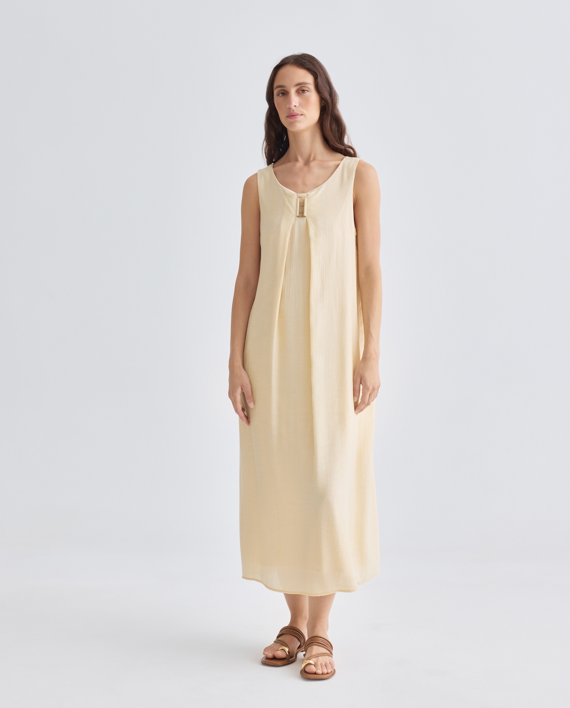 Vestido Liso sem Mangas Bege-1