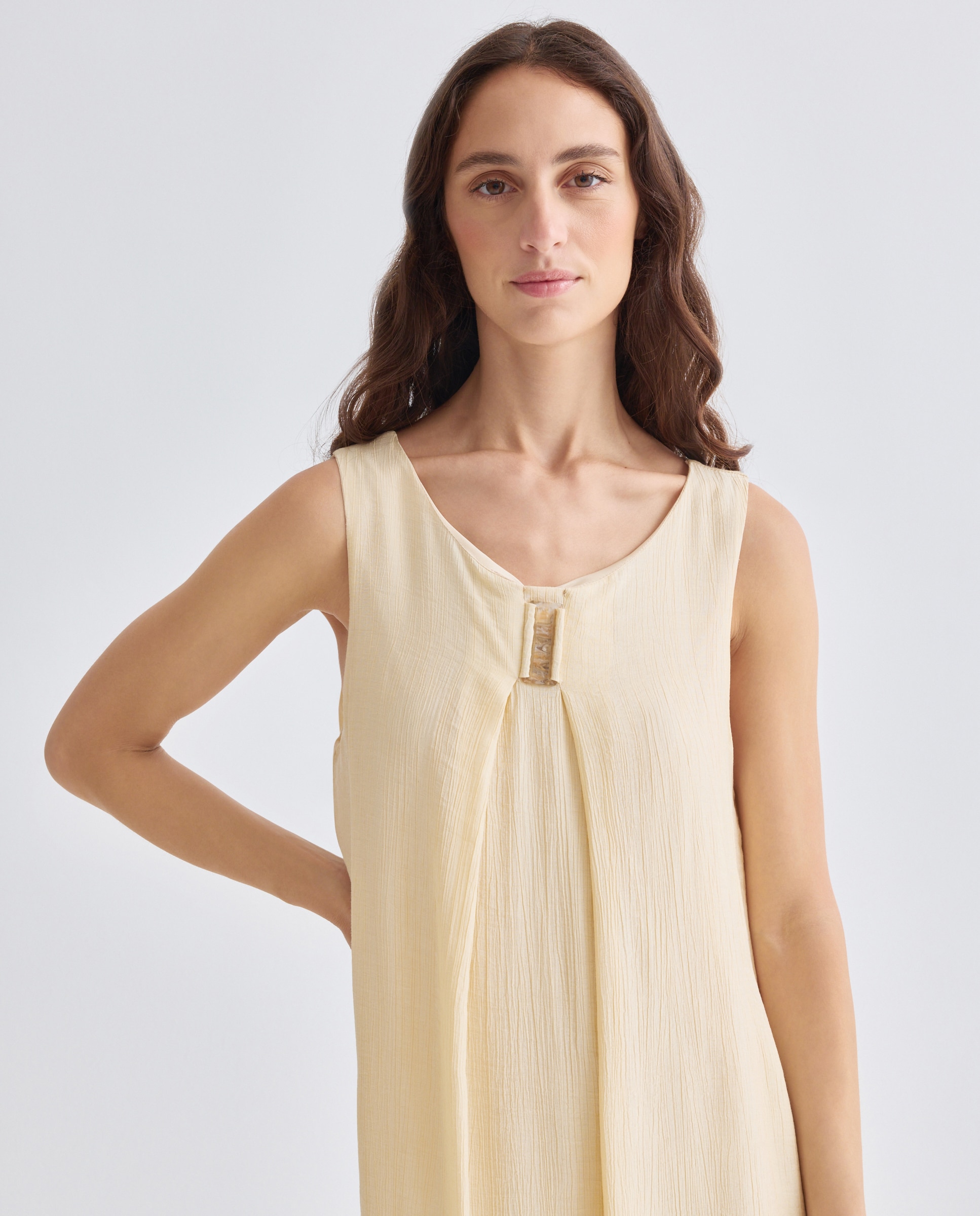 Vestido Liso sem Mangas Bege-2
