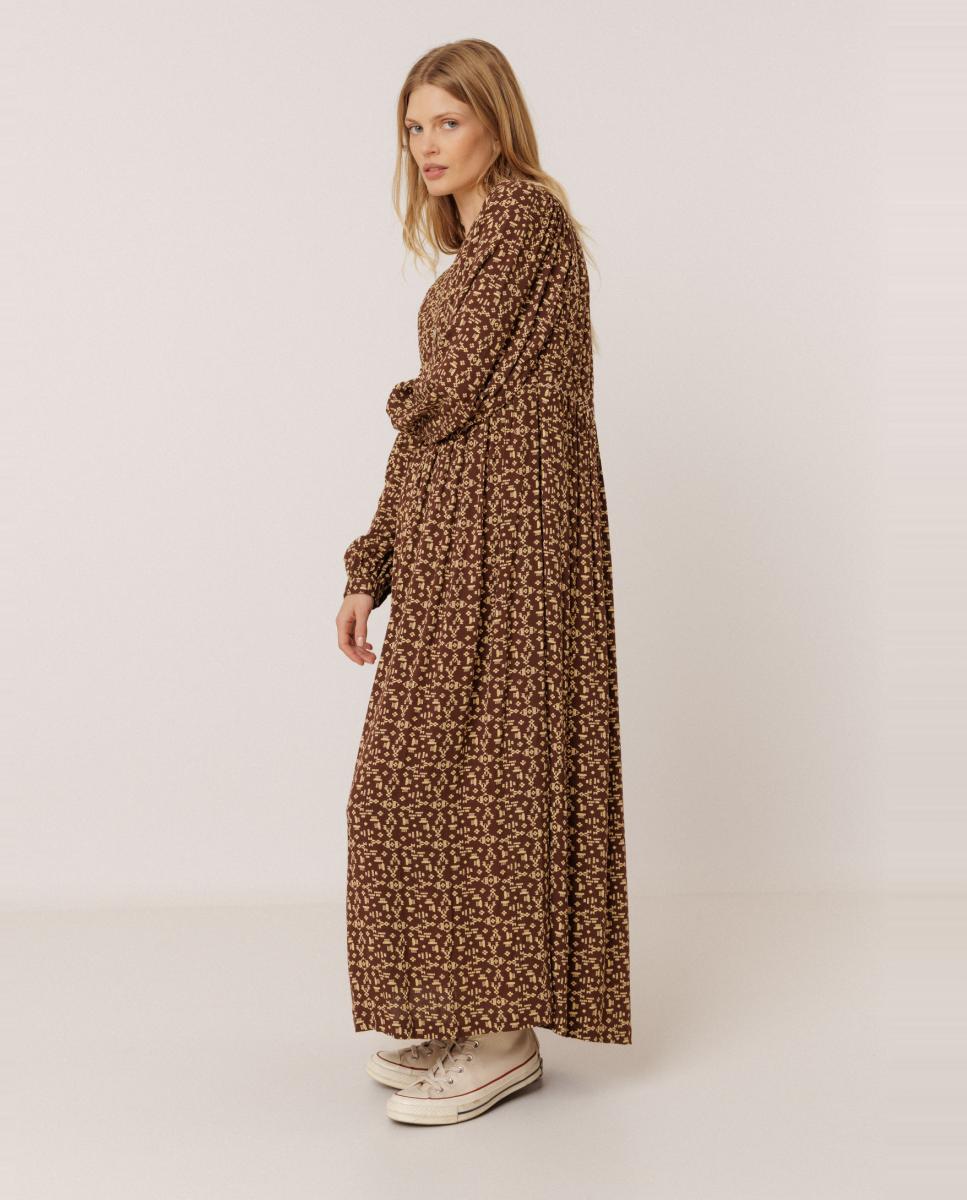 Vestido estampado étnico escote pico - Indi & Cold - Marrón oscuro Marrón oscuro-1