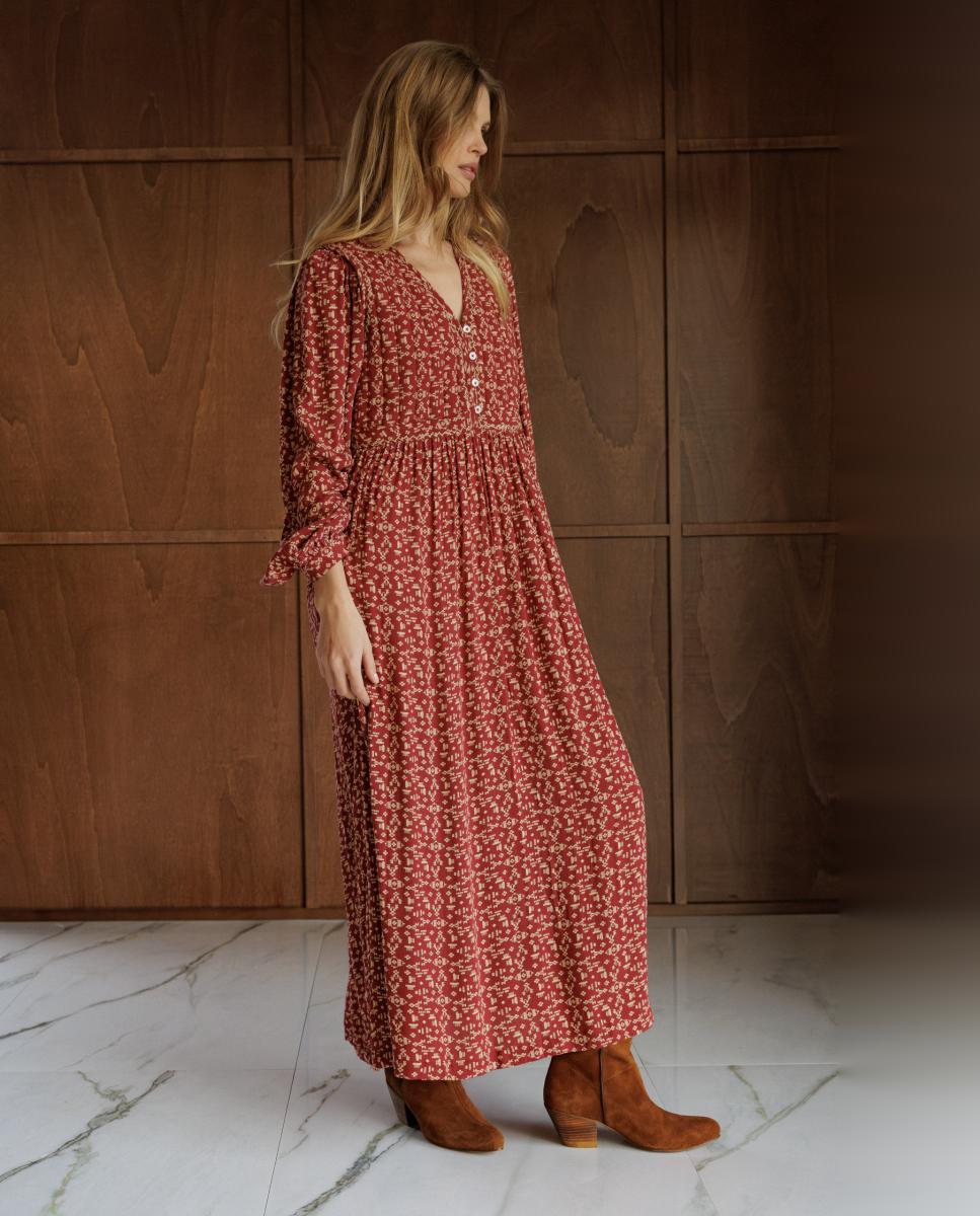 Vestido estampado étnico escote pico - Indi & Cold - Rojo Rojo-1