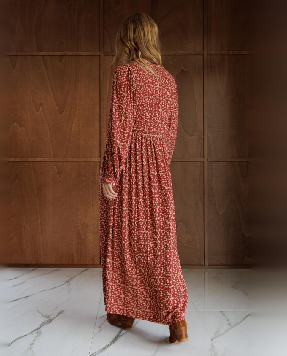 Vestido estampado étnico escote pico - Indi & Cold - Rojo Rojo-2