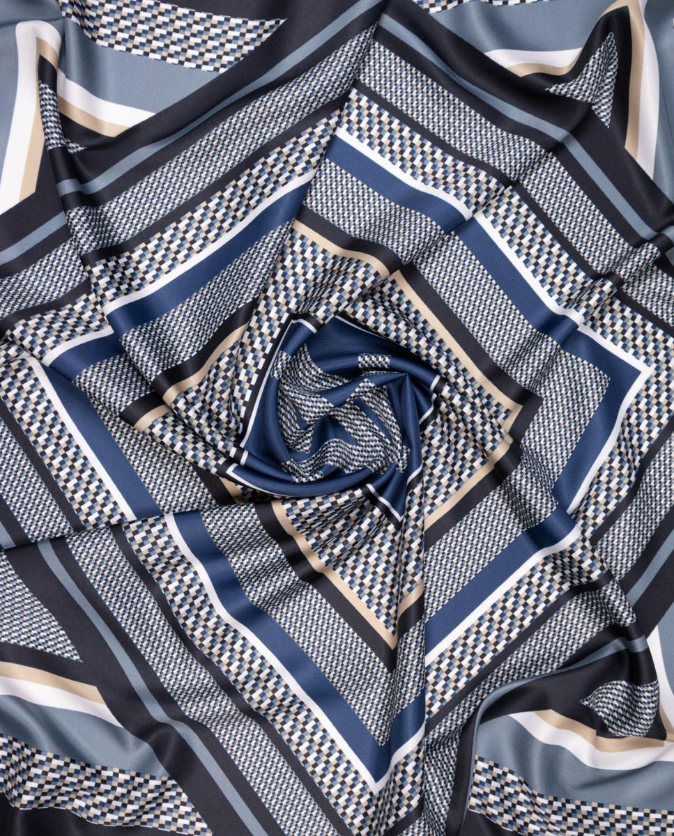 Lenço Carré com Estampado às Riscas e Formas Geométricas Azul-2