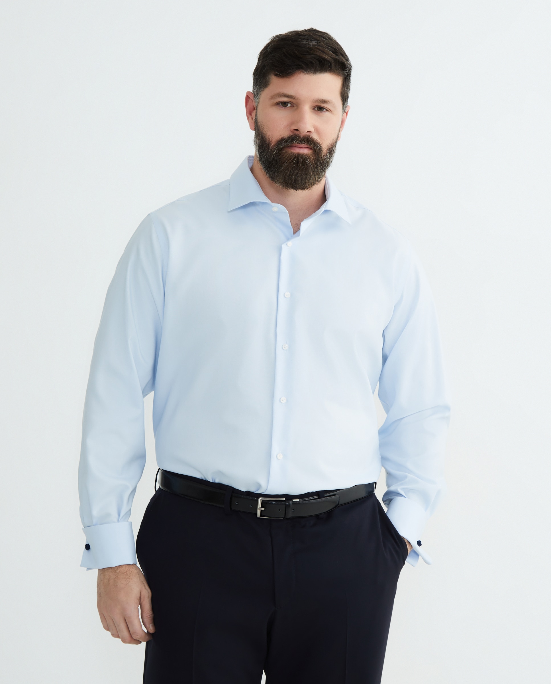 Camisa Formal Lisa de Estrutura Non Iron com Punho Duplo Tamanhos Grandes Azul-claro-1