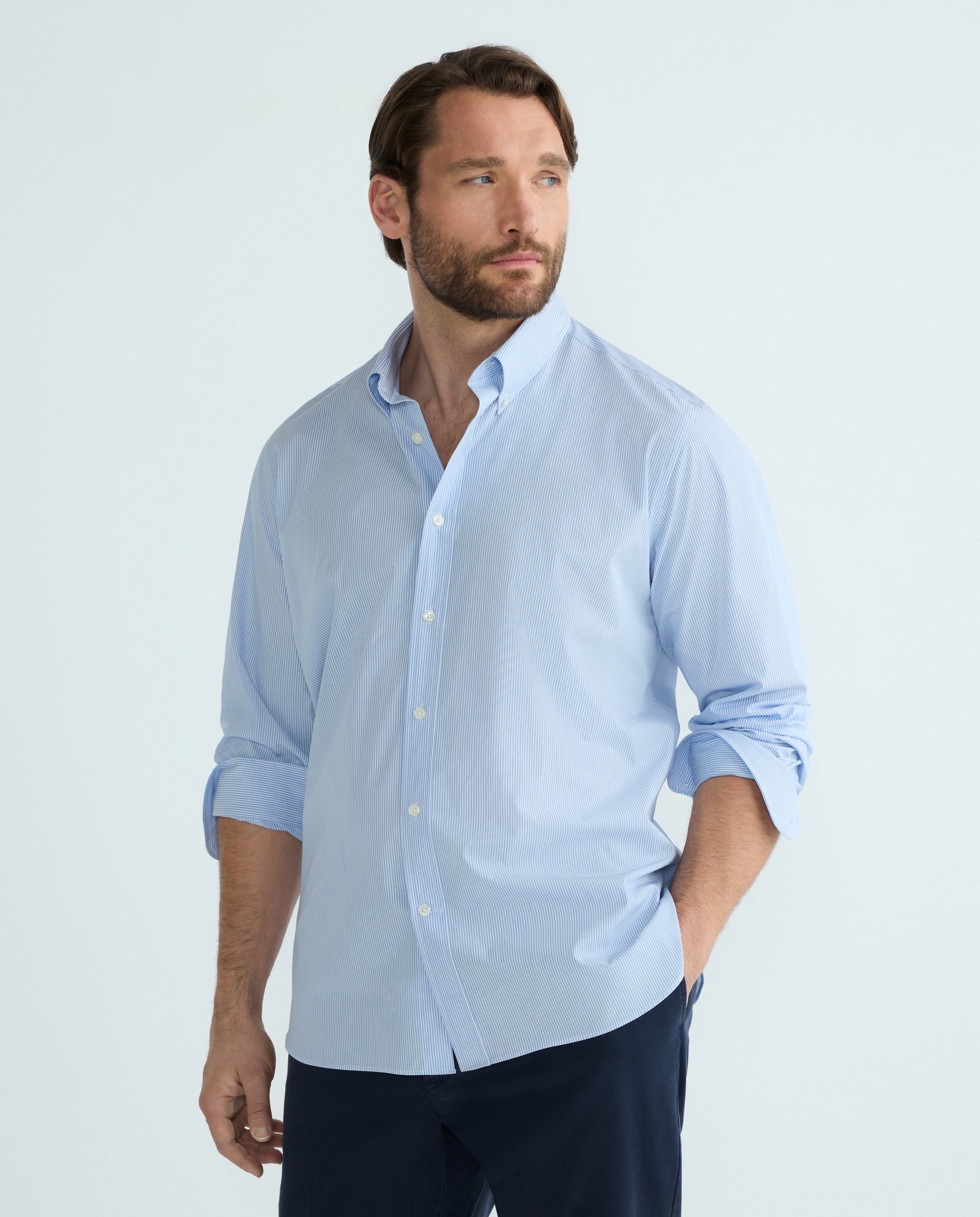 Camisa Casual de Manga Comprida Tamanhos Grandes Azul-claro-1
