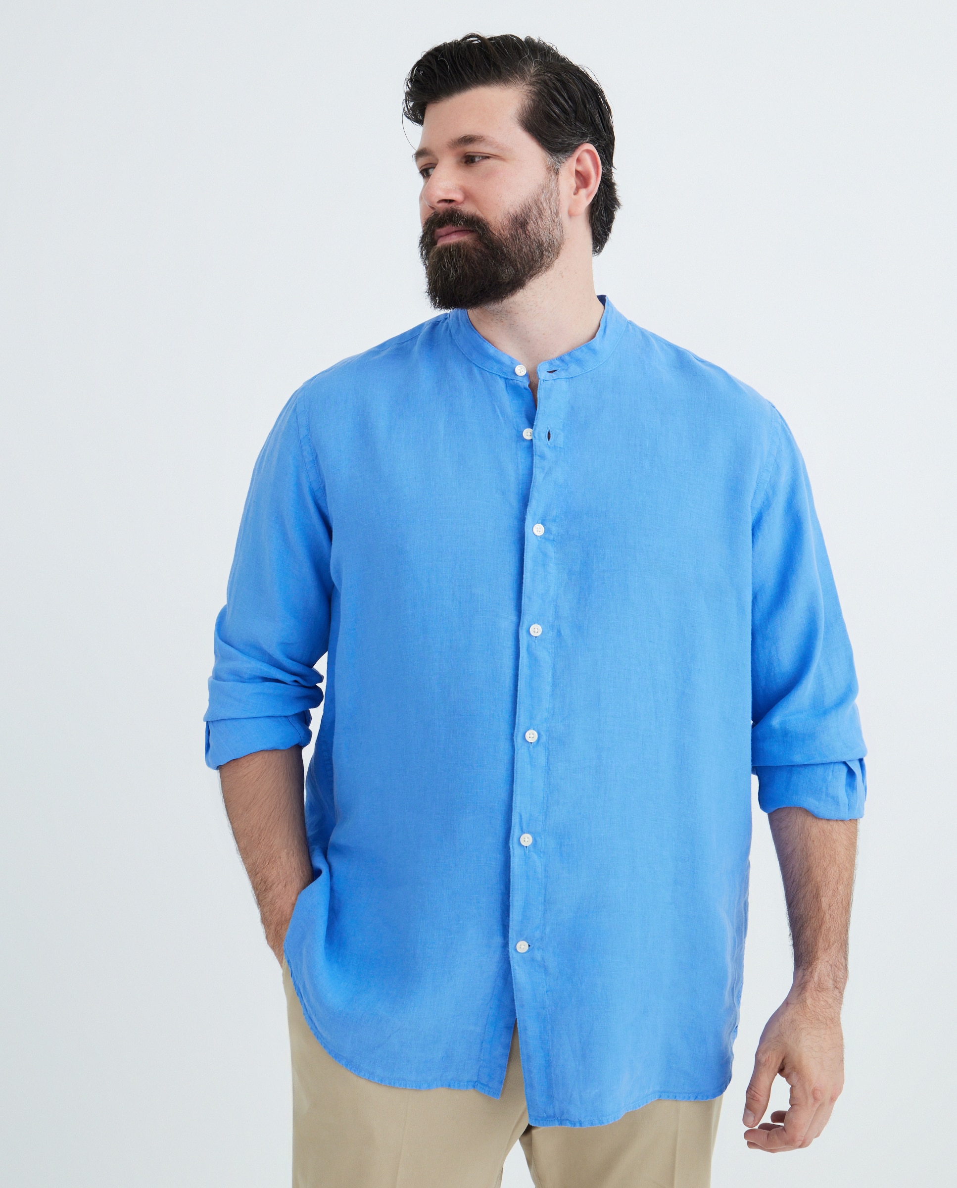Camisa Casual 100% Linho Tamanhos Grandes Azul-1
