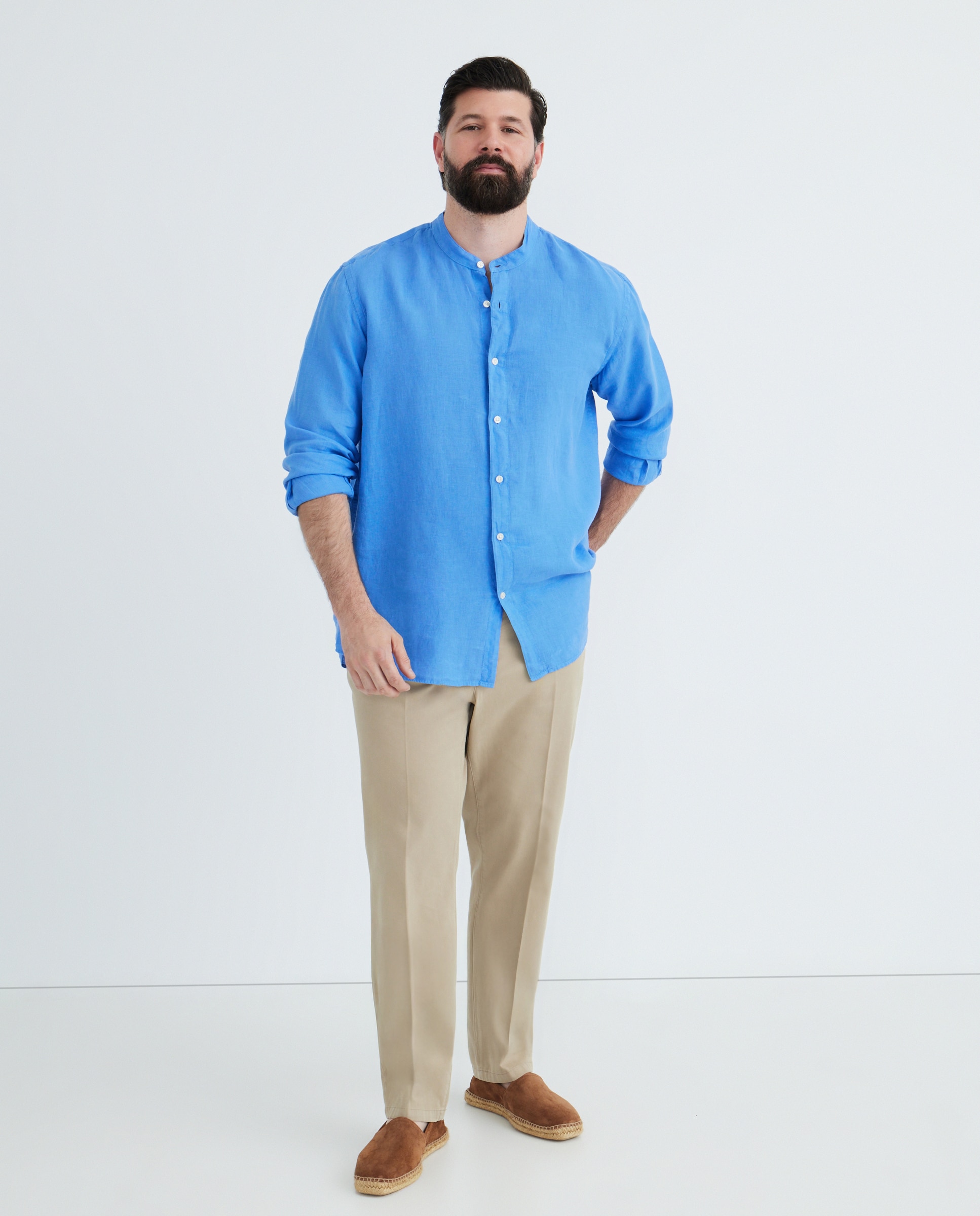 Camisa Casual 100% Linho Tamanhos Grandes Azul-2