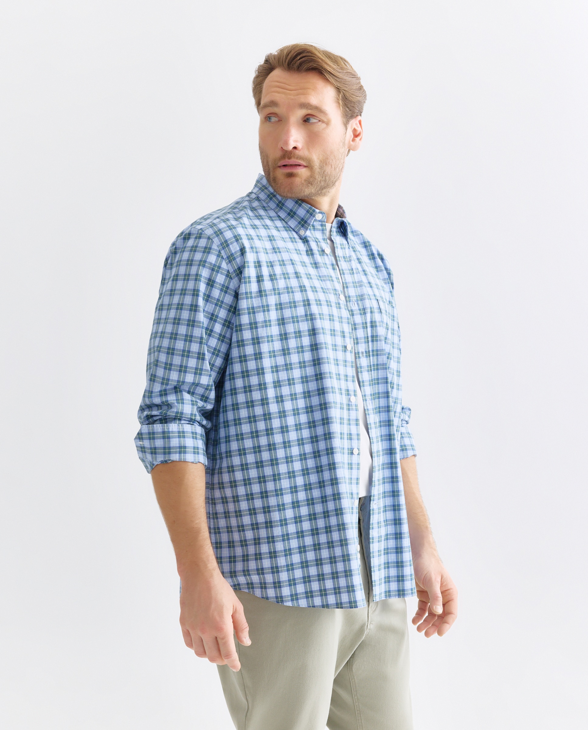 Camisa Casual Tamanhos Grandes de Algodão Fil a Fil aos Quadrados Classic Fit 410 Azul Claro-1