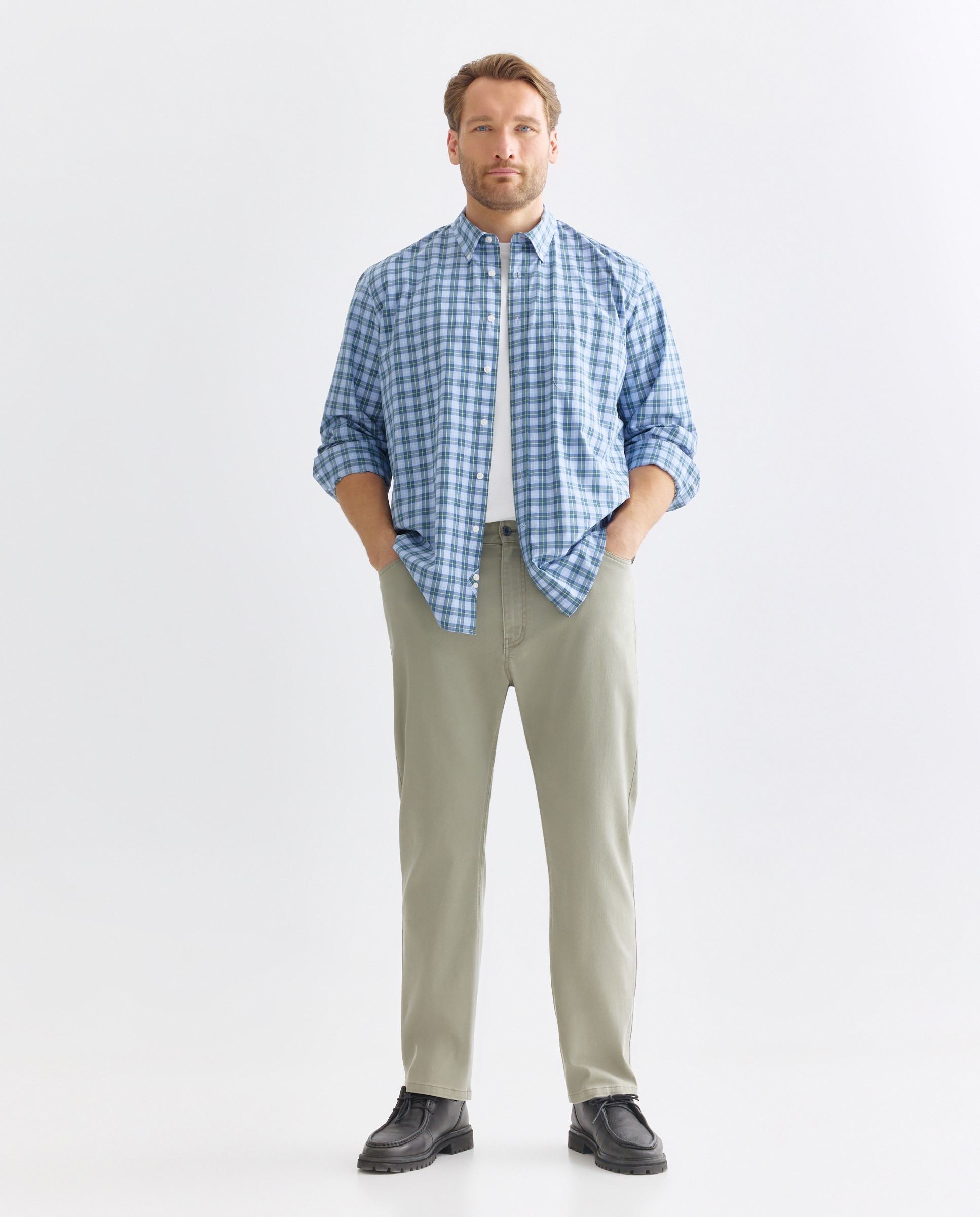 Camisa Casual Tamanhos Grandes de Algodão Fil a Fil aos Quadrados Classic Fit 410 Azul Claro-2