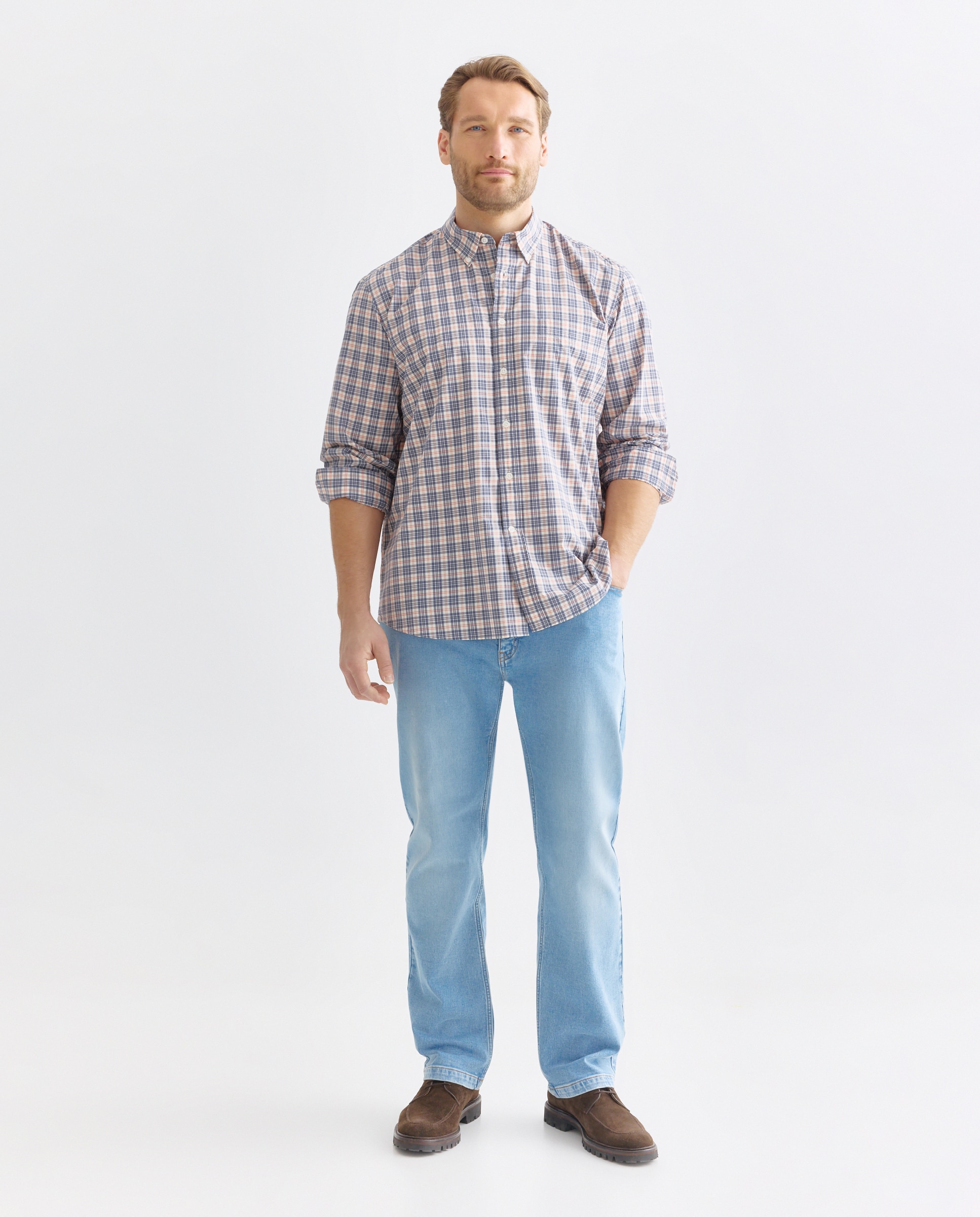 Camisa Casual Tamanhos Grandes de Algodão Fil a Fil aos Quadrados Classic Fit 400 Azul-1