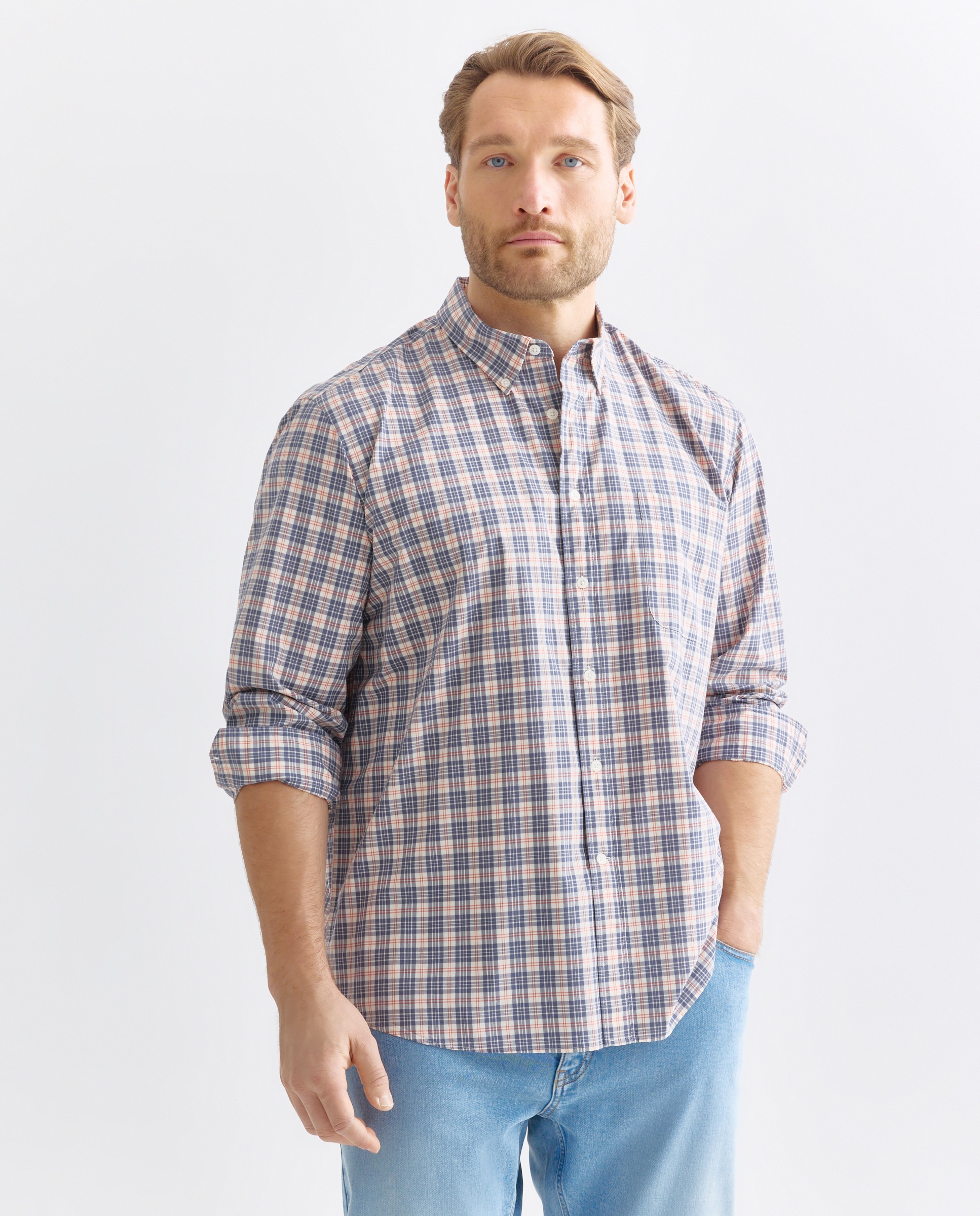 Camisa Casual Tamanhos Grandes de Algodão Fil a Fil aos Quadrados Classic Fit 400 Azul-2