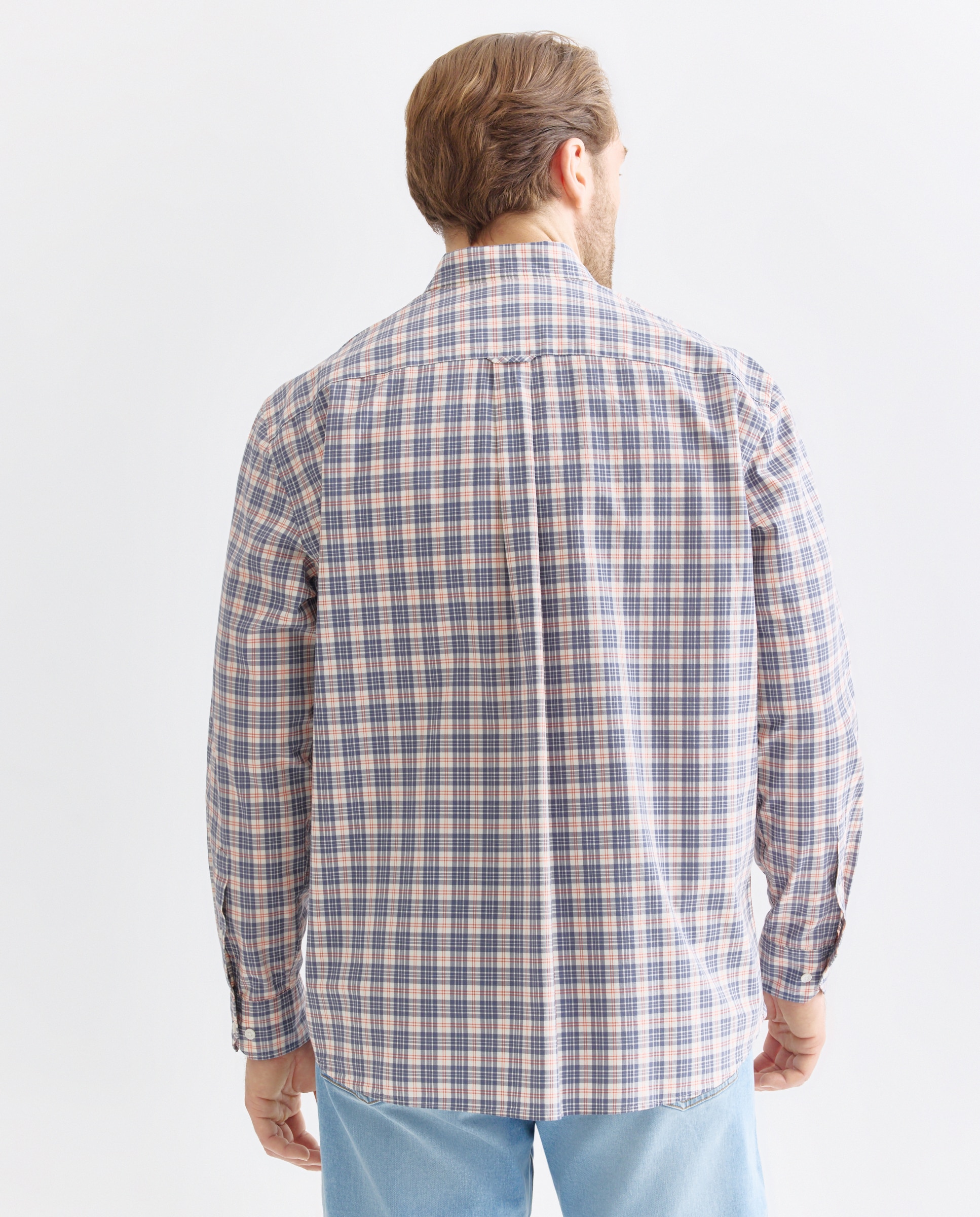 Camisa Casual Tamanhos Grandes de Algodão Fil a Fil aos Quadrados Classic Fit 400 Azul-3