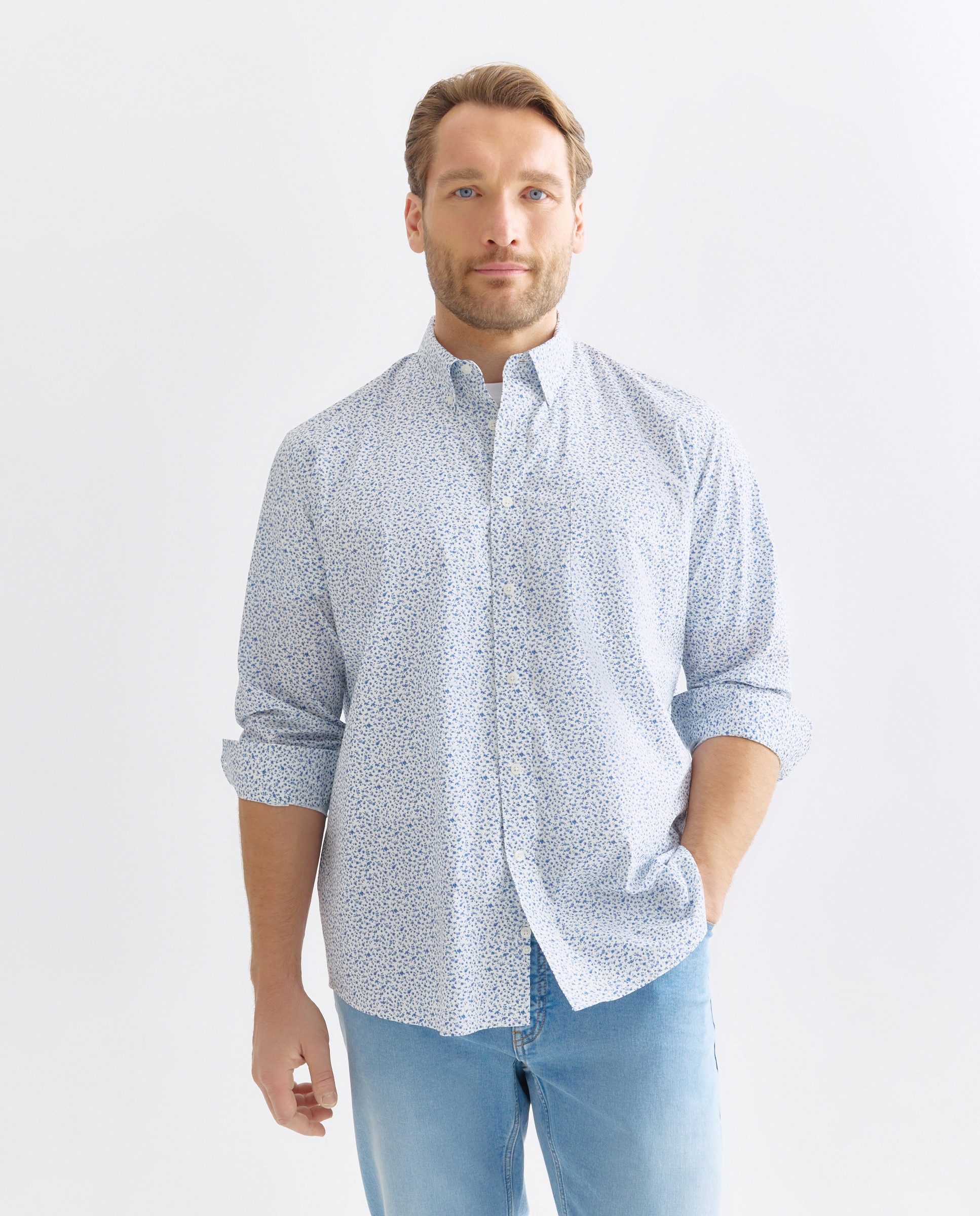 Camisa Casual Tamanhos Grandes de Popelina com Micro Estampado Classic Fit 400 Azul-1