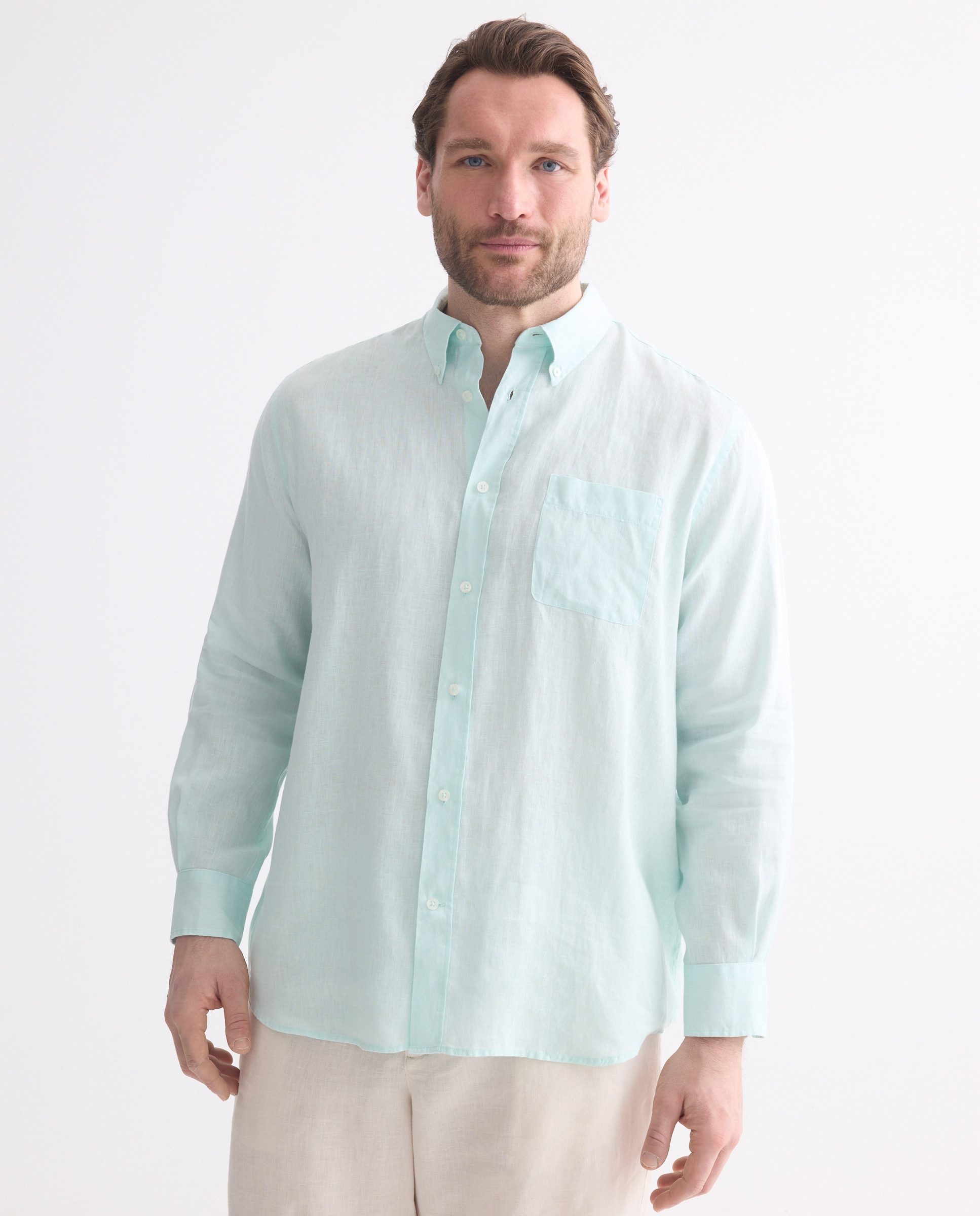 Camisa Casual Tamanhos Grandes 100% Linho Classic Fit com Manga Comprida Rosa-claro-1