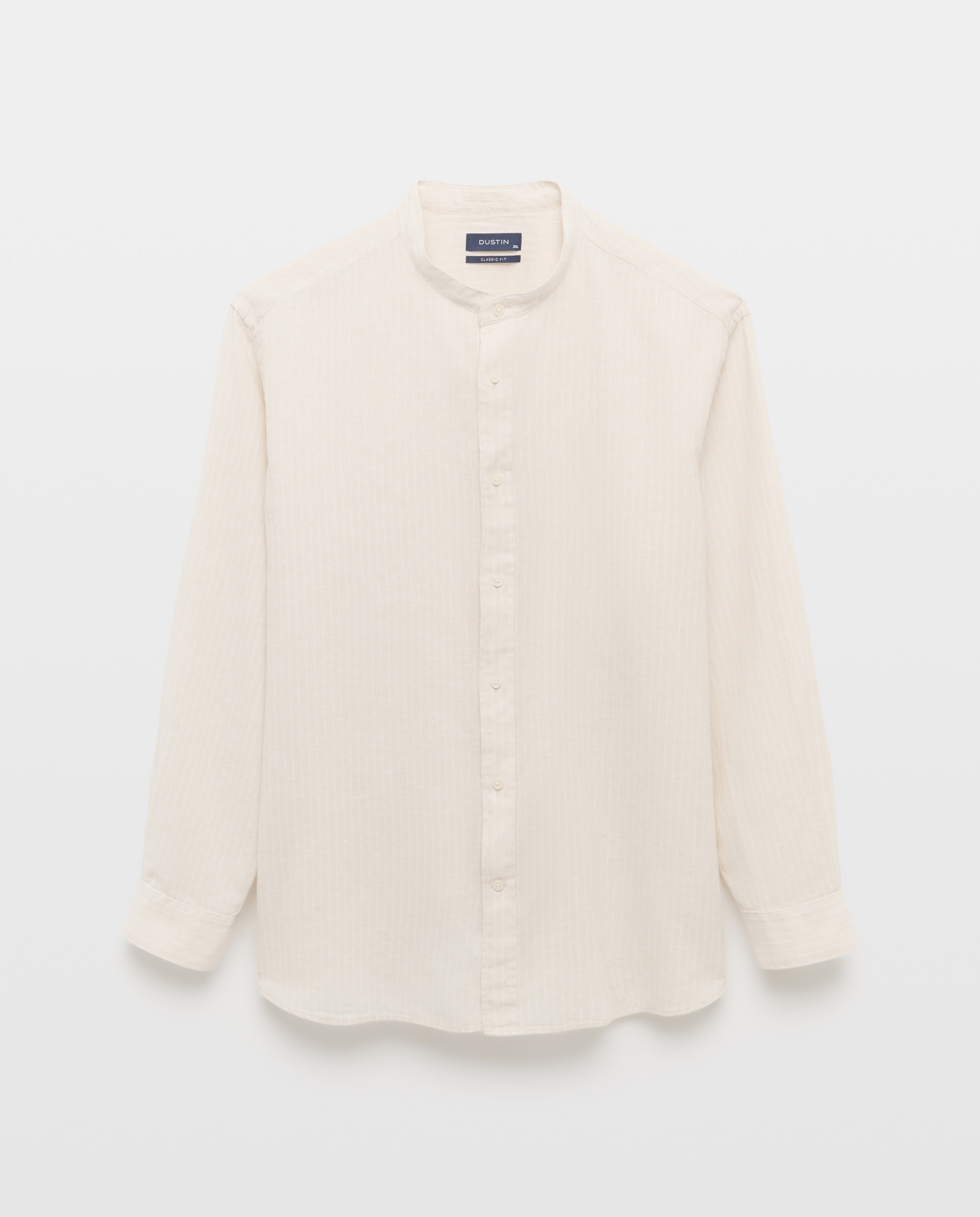 Camisa Casual às Riscas Tamanhos Grandes em Mistura de Linho com Manga Comprida e Gola à Padre Bege-4