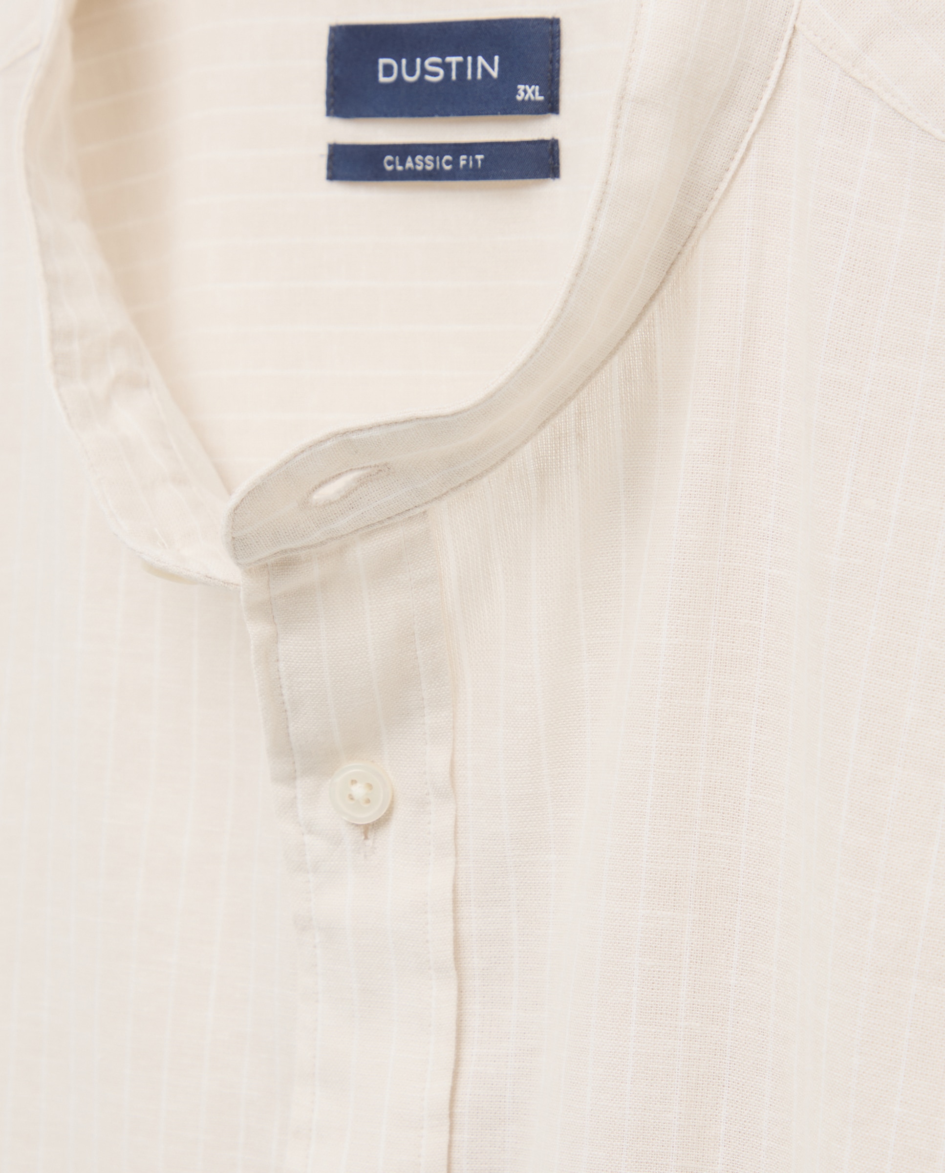 Camisa Casual às Riscas Tamanhos Grandes em Mistura de Linho com Manga Comprida e Gola à Padre Bege-5
