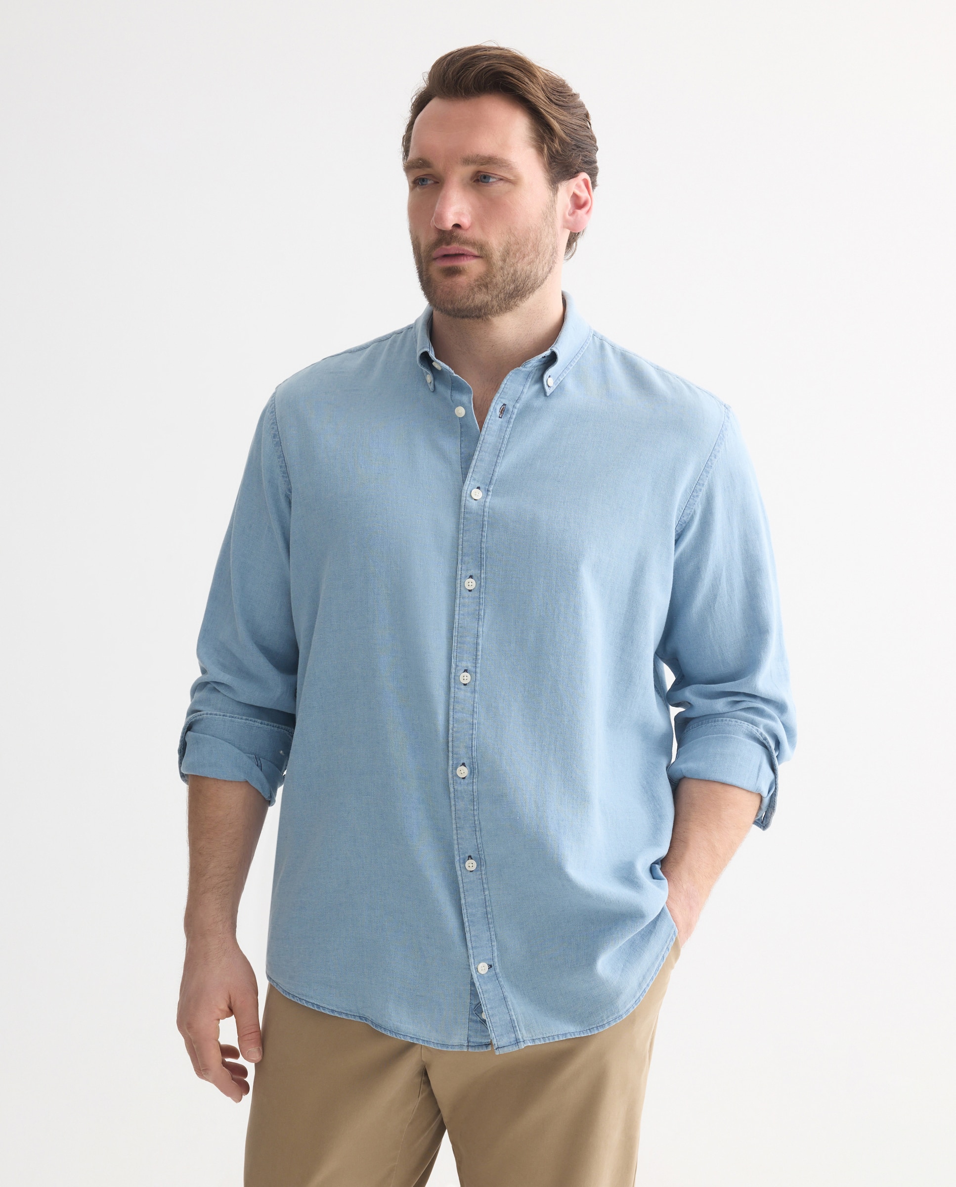Imagem 0 de Camisa Tamanhos Grandes Denim Look de Algodão e Linho com Manga Comprida