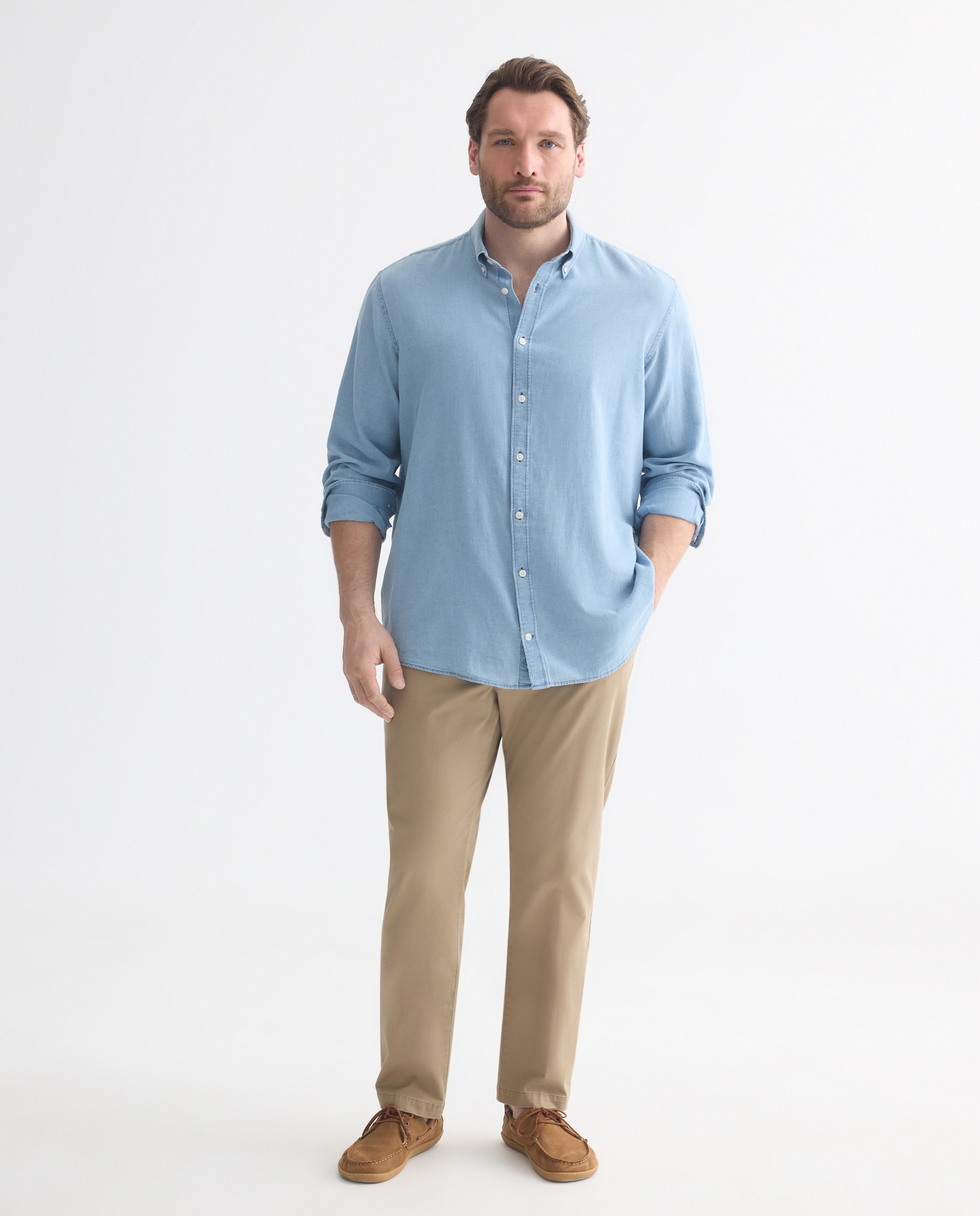 Camisa Tamanhos Grandes Denim Look de Algodão e Linho com Manga Comprida Azul-marinho-2