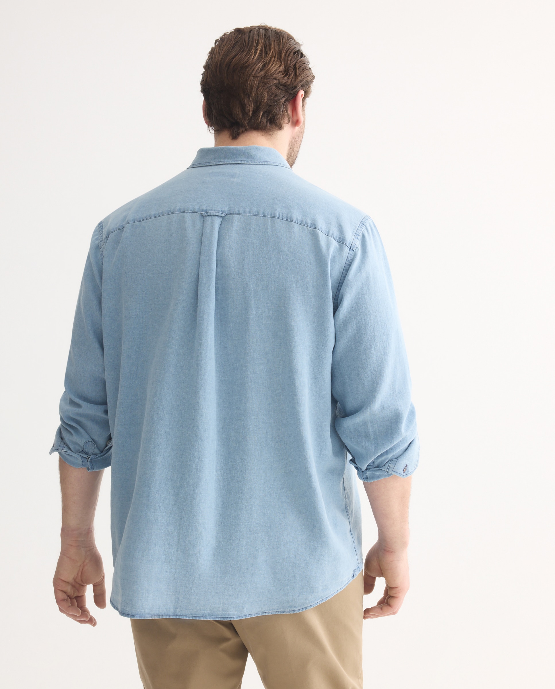 Camisa Tamanhos Grandes Denim Look de Algodão e Linho com Manga Comprida Azul-marinho-3