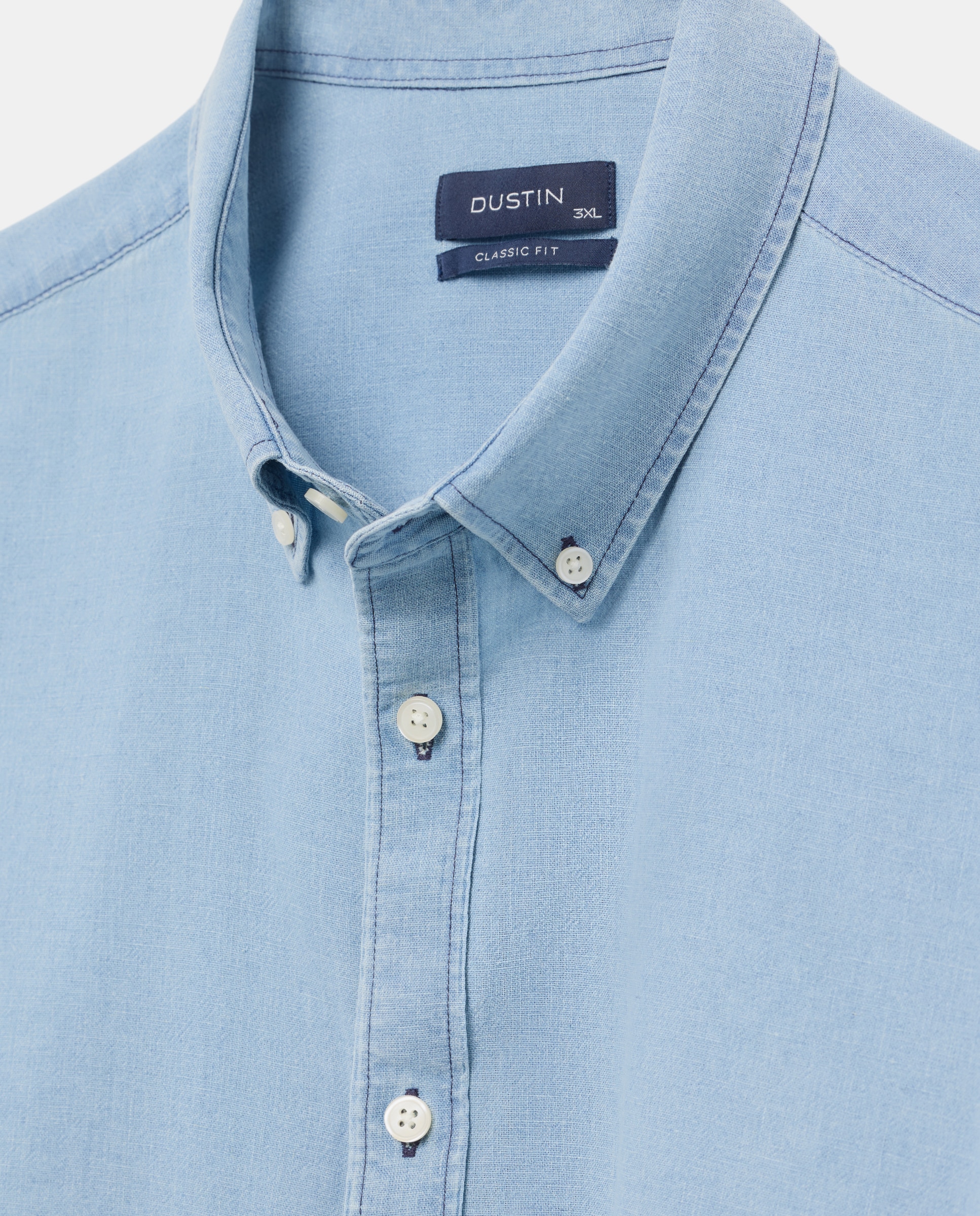 Camisa Tamanhos Grandes Denim Look de Algodão e Linho com Manga Comprida Azul-marinho-5