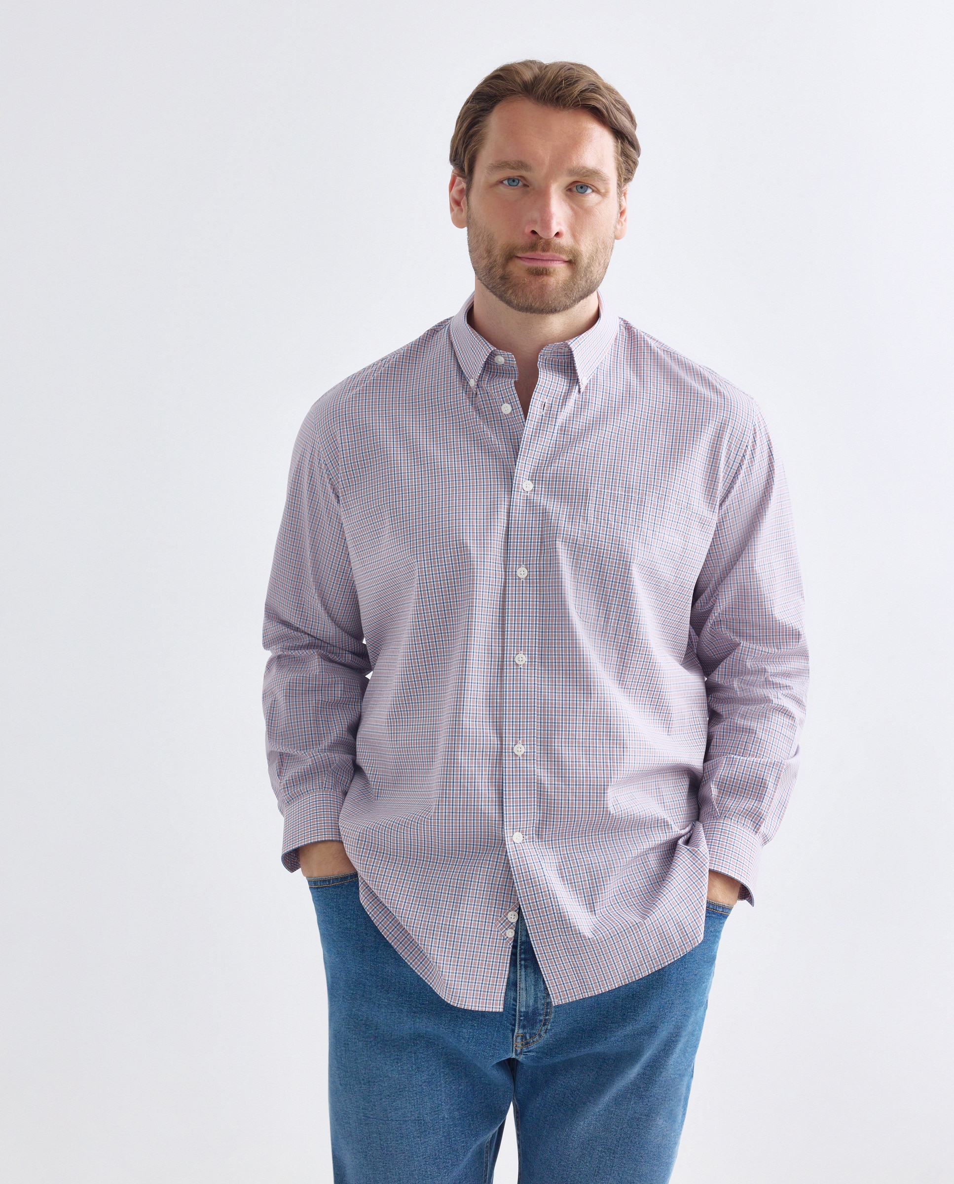 Camisa classic fit de cuadros con perfilería roja de algodón stretch de hombre - Dustin - Rojo Rojo-1