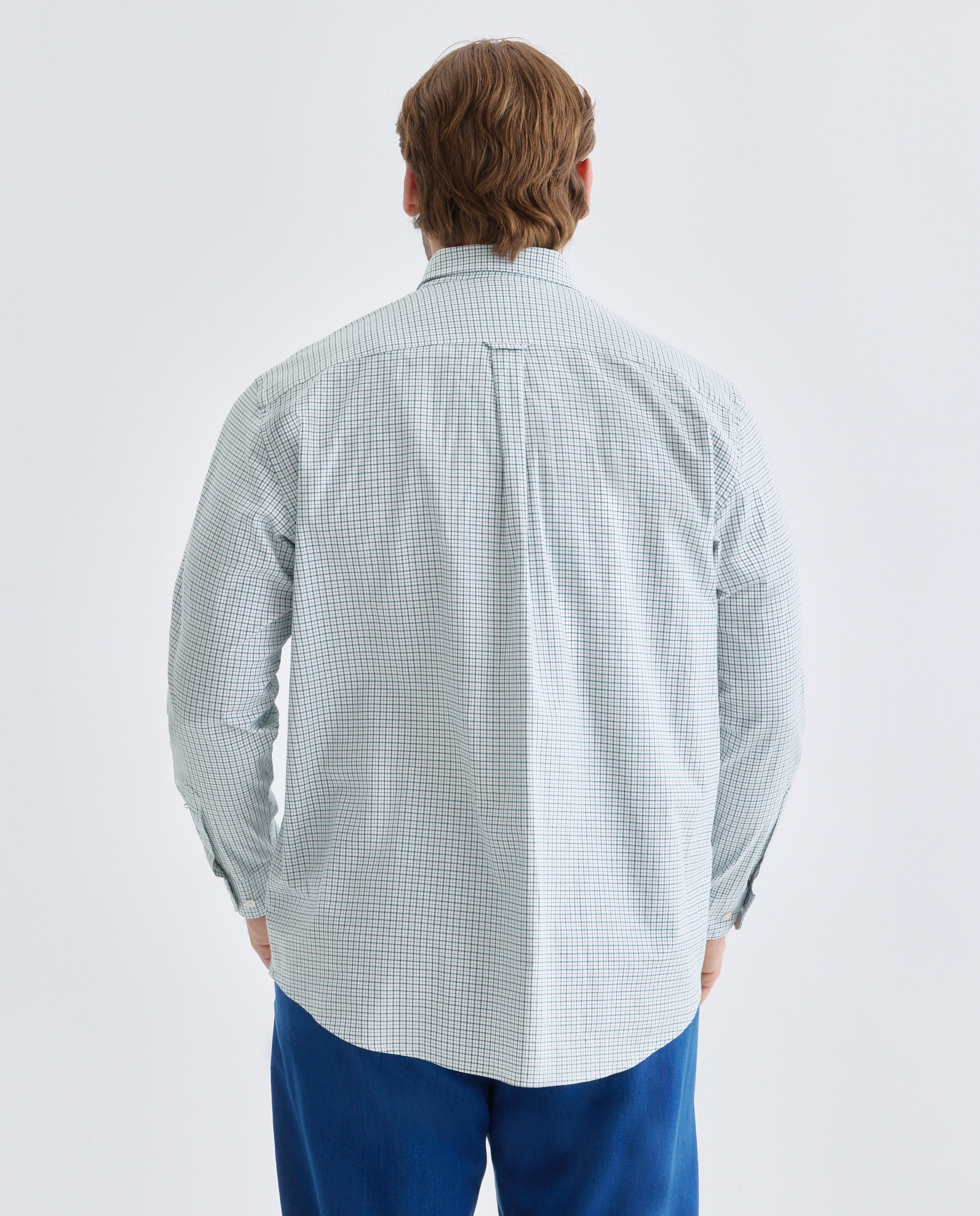 Camisa em Sarja de Algodão Stretch aos Quadrados com Perfil Verde-3