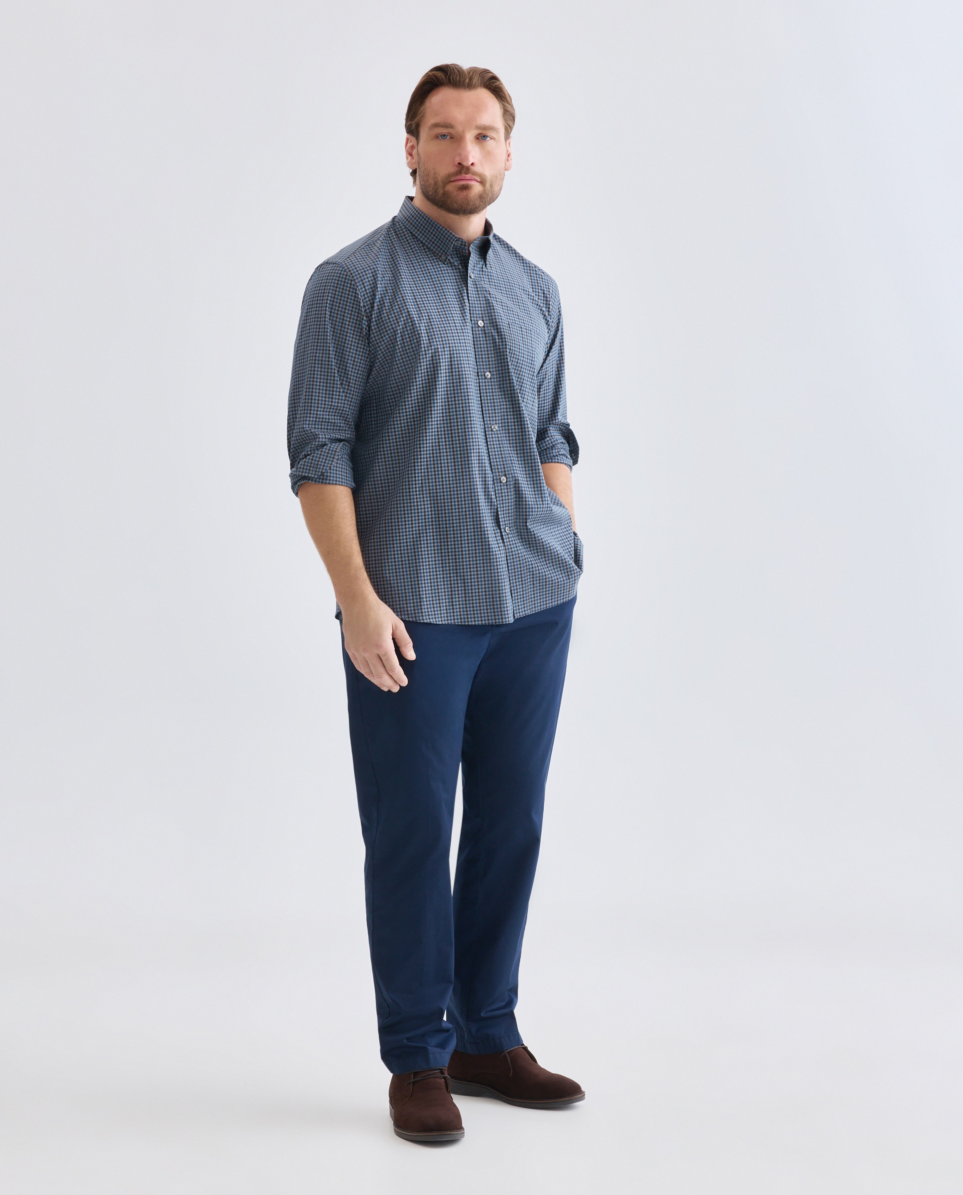 Camisa de Algodão Stretch de Popelina aos Quadrados. Cinzento-escuro-2