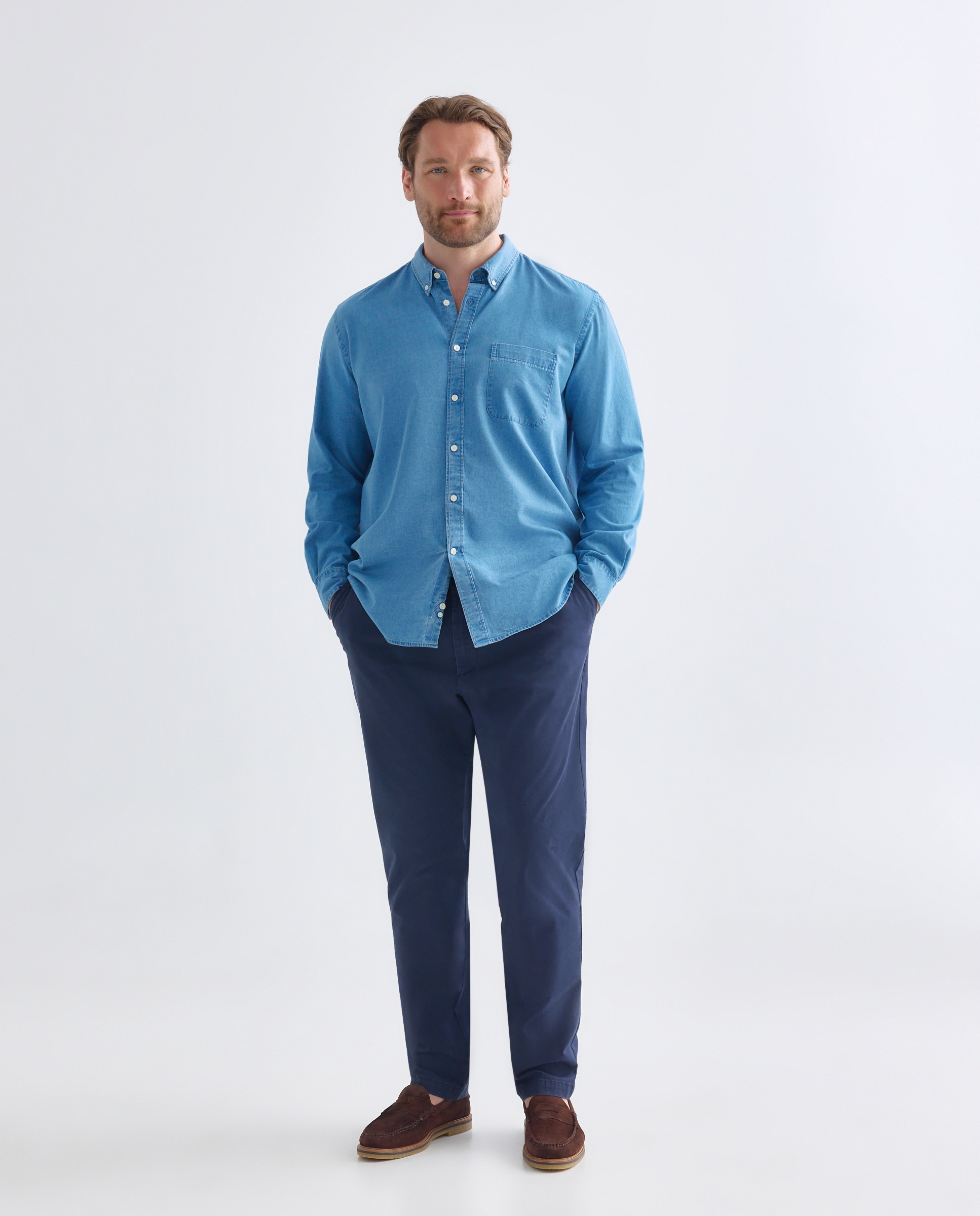 Camisa de Ganga e Chambray Tamanhos Grandes com Manga Comprida Azul-marinho-2