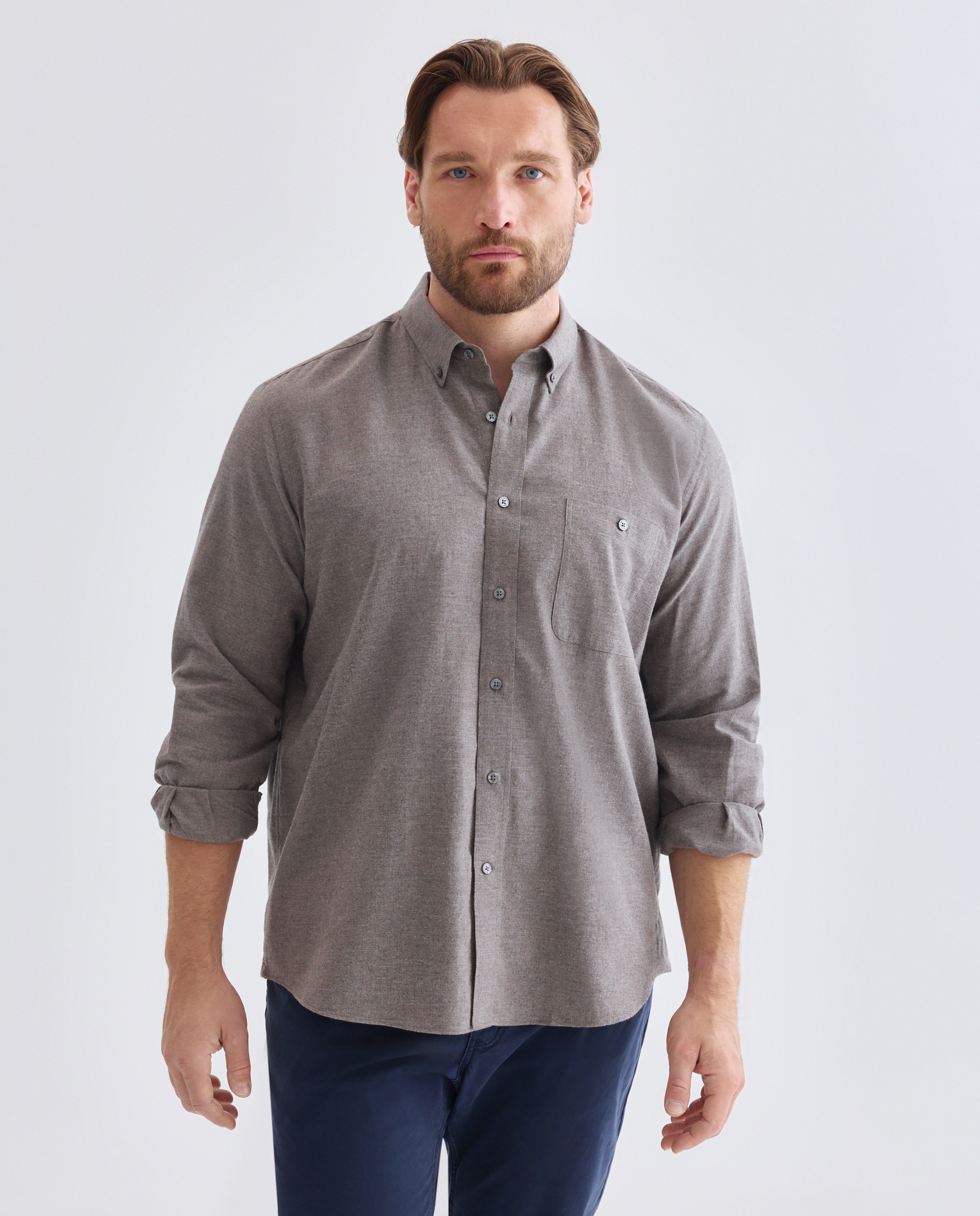 Camisa tallas grandes villela algodón melange lisa. - Dustin - Marrón Marrón-1
