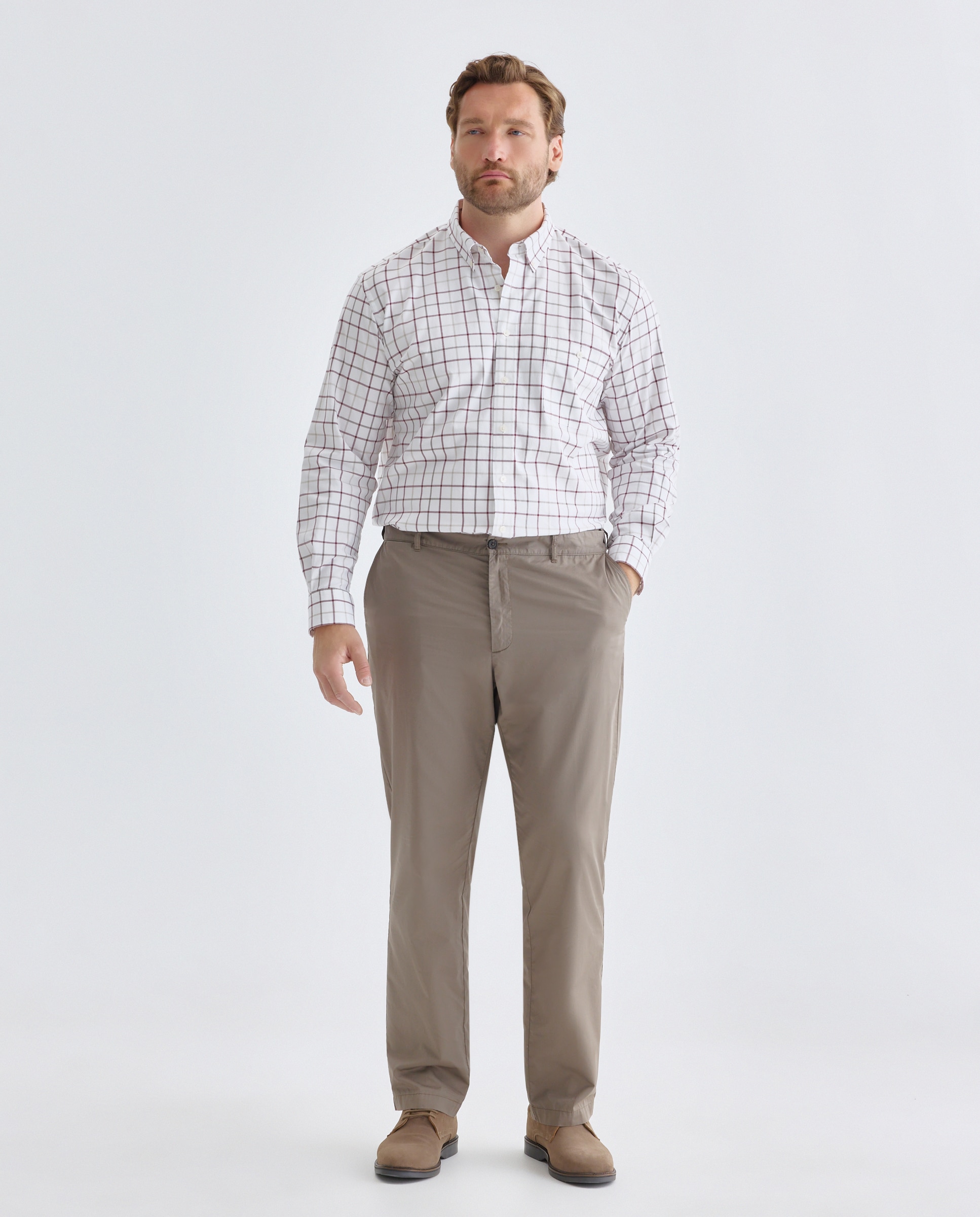 Camisa de Tamanhos Grandes em Sarja de Algodão Stretch aos Quadrados com Fundo - Branco Bordeaux-2