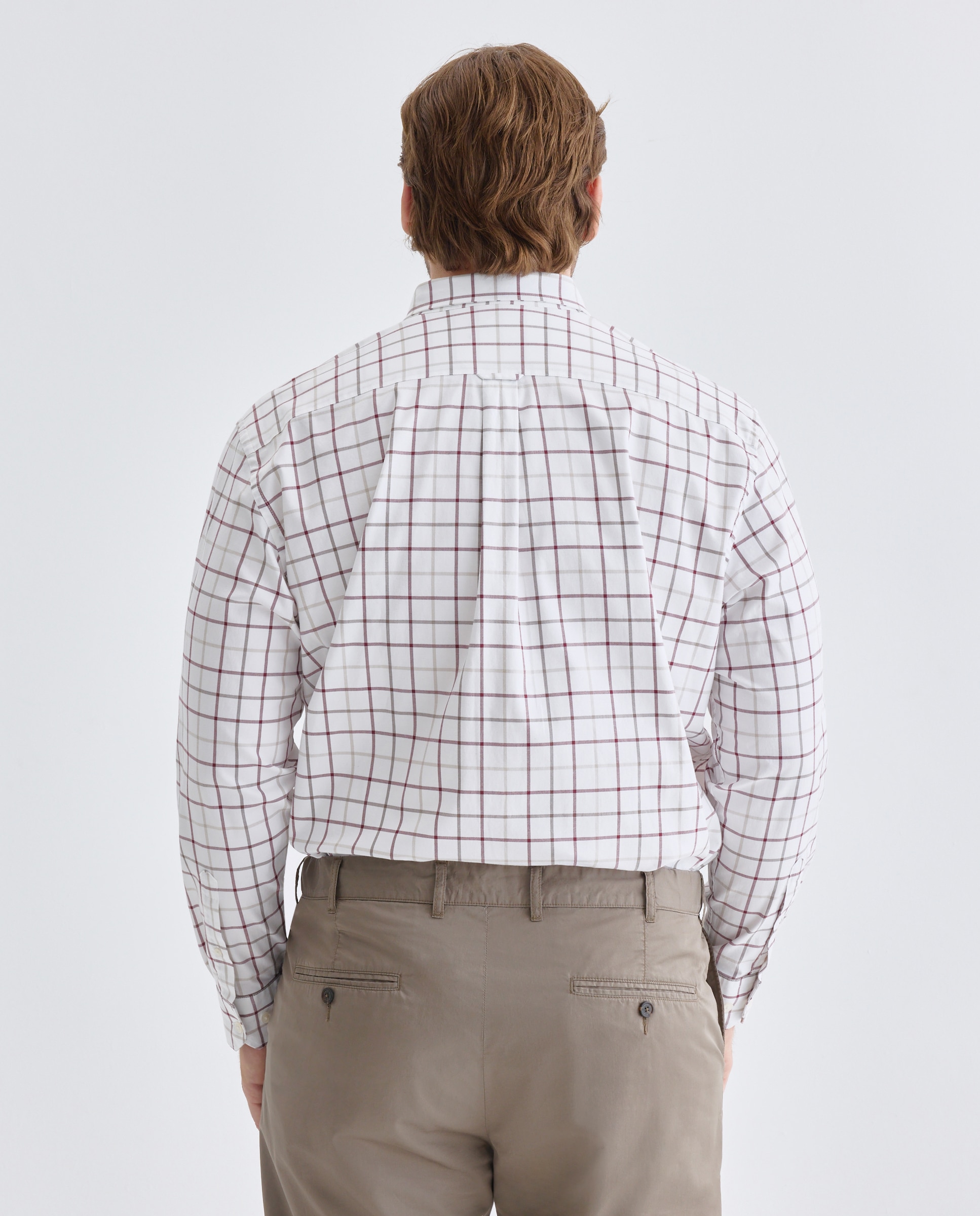 Camisa de Tamanhos Grandes em Sarja de Algodão Stretch aos Quadrados com Fundo - Branco Bordeaux-3