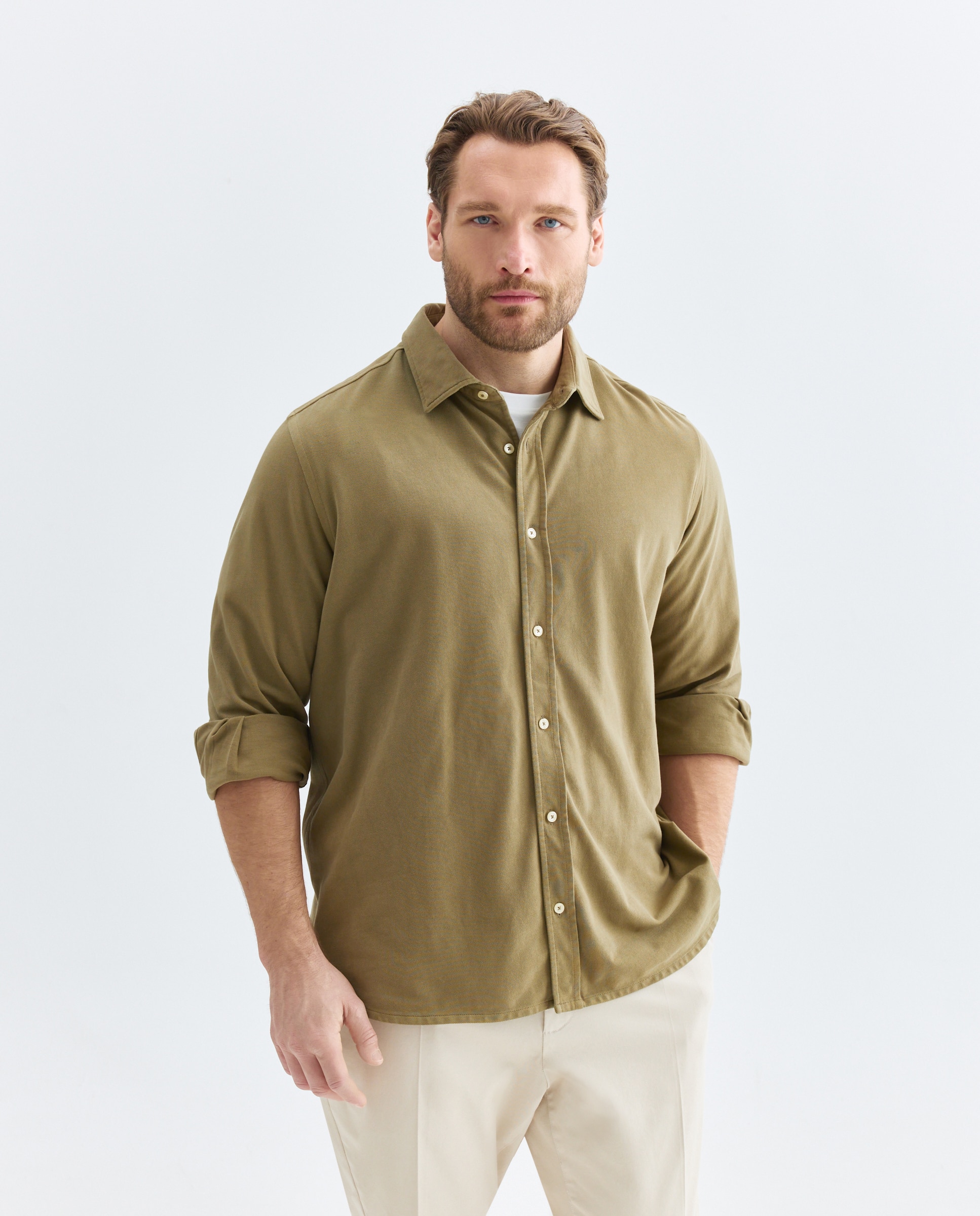 Polo de hombre abierto liso manga larga garmet dye Tallas grandes - Emidio Tucci - Kaki Kaki-1