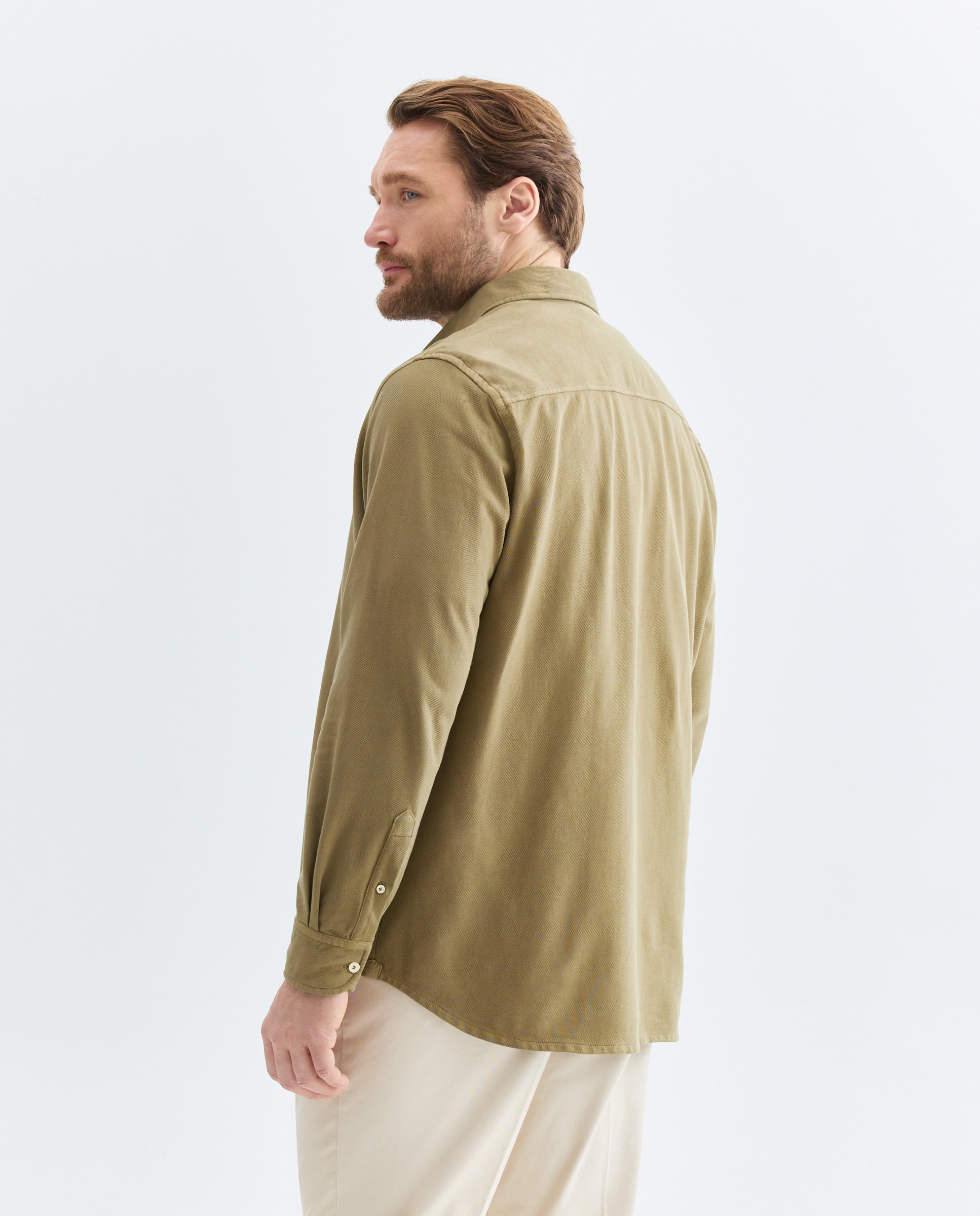 Polo de hombre abierto liso manga larga garmet dye Tallas grandes - Emidio Tucci - Kaki Kaki-2