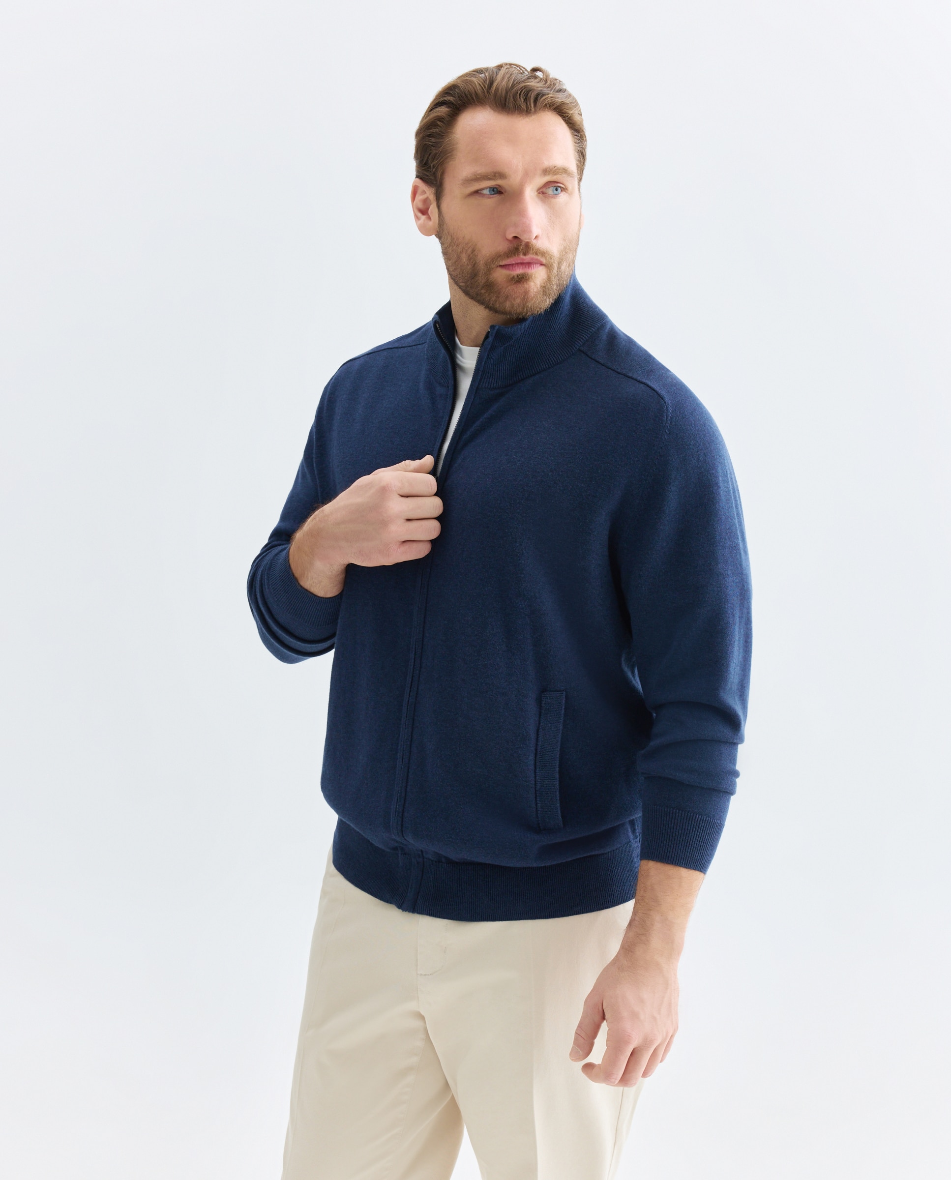 Cardigan Liso de Gola Semicisne com Fecho de Correr Tamanhos Grandes Azul-1