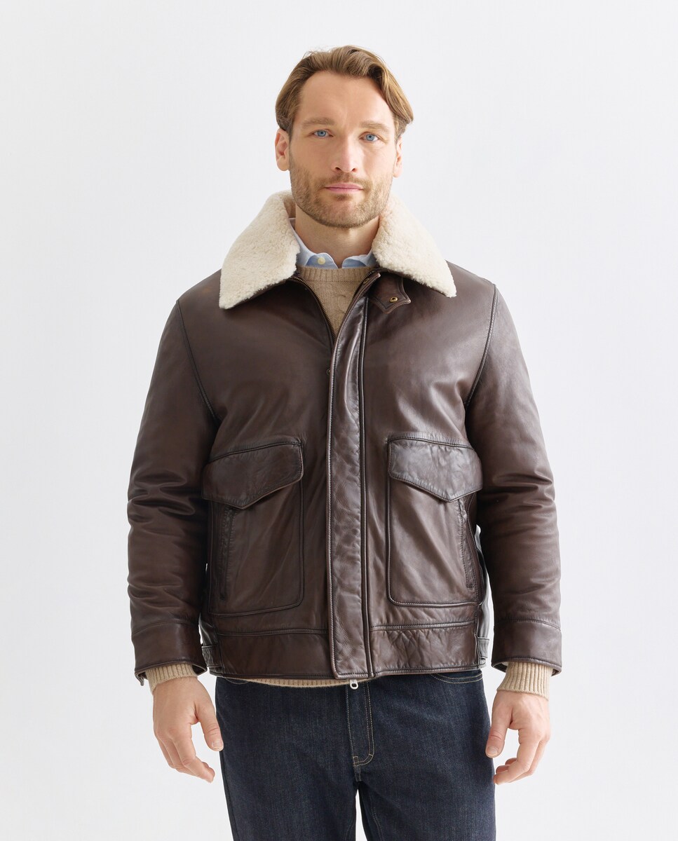 Cazadora de hombre tallas grandes de piel de cordero con cuello camisero  desmontable 3XL Marrón