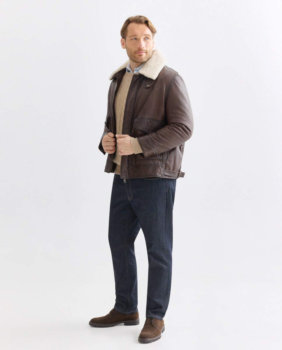 Cazadora de hombre tallas grandes de piel de cordero con cuello camisero  desmontable 3XL Marrón