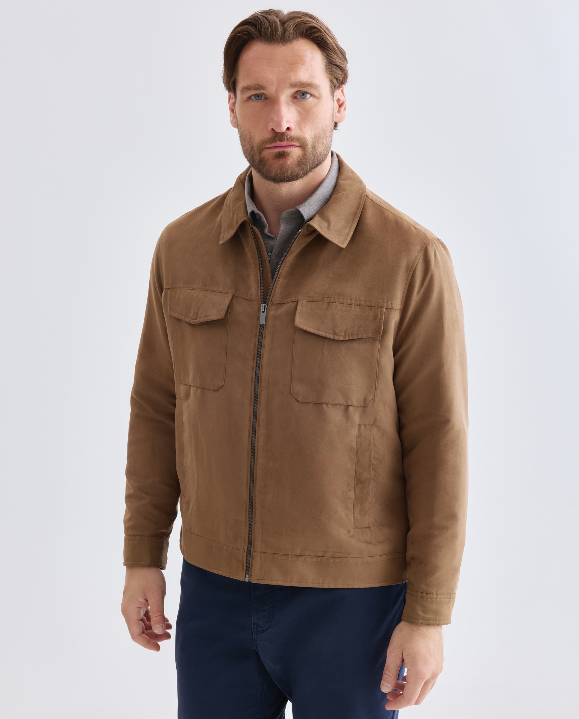 Cazadora de antelina con cremallera y cuello camisero de hombre de tallas grandes - Dustin - Marrón Marrón-1