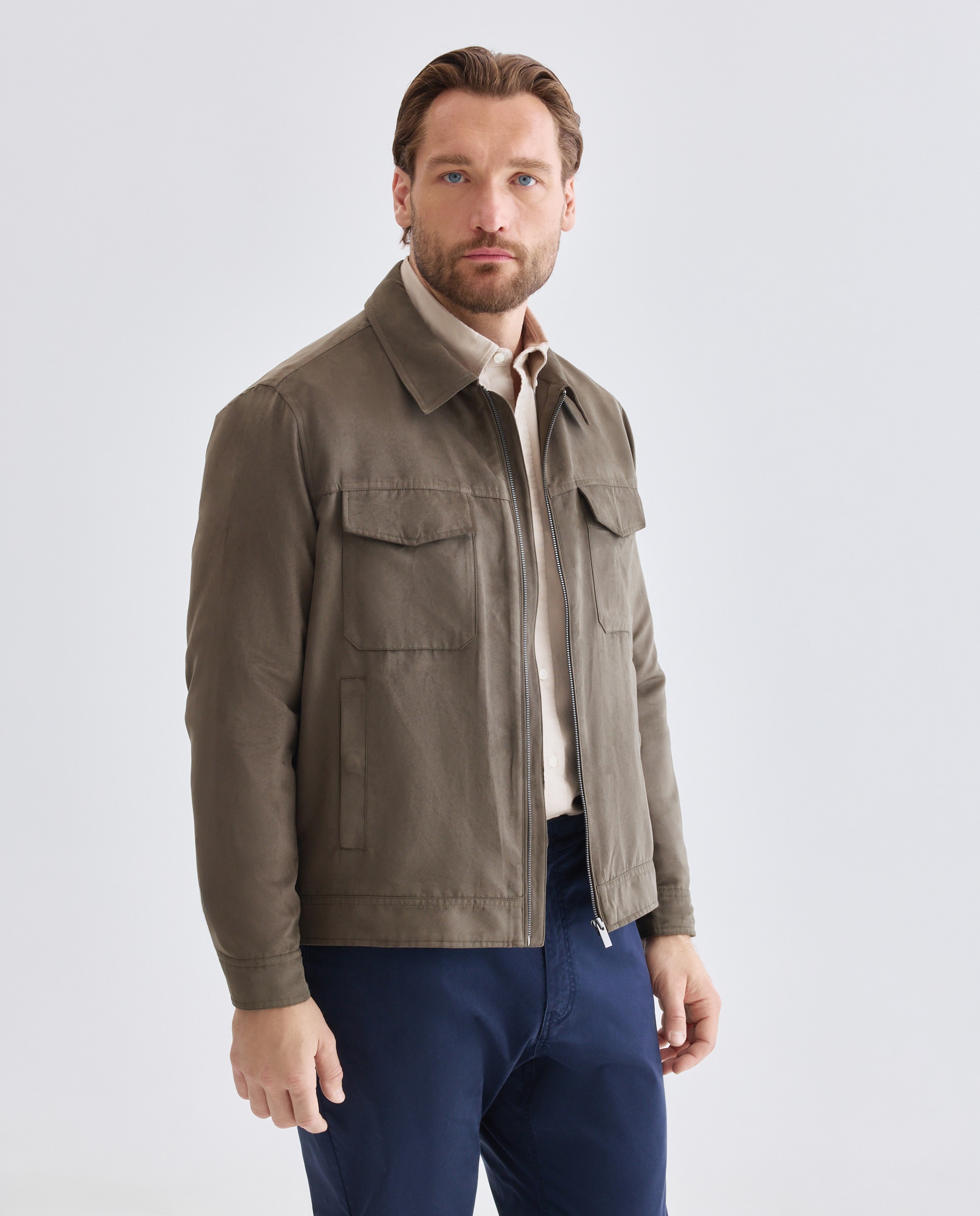 Cazadora de antelina con cremallera y cuello camisero de hombre de tallas grandes - Dustin - Verde Verde-1