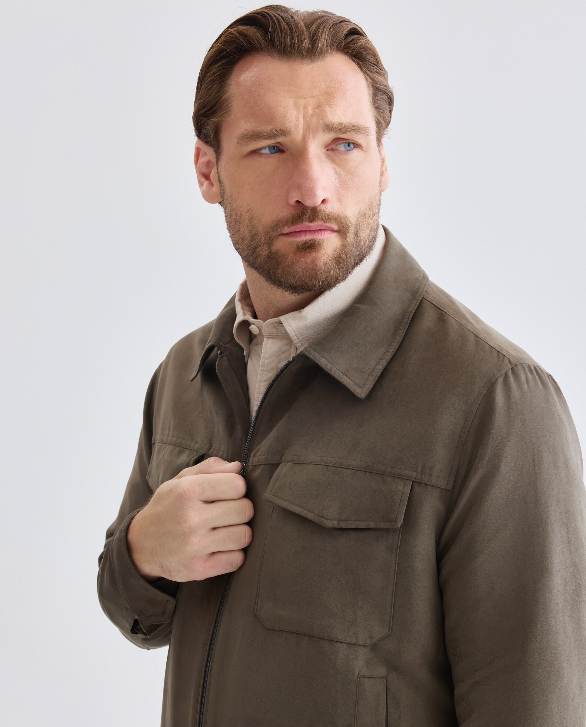 Cazadora de antelina con cremallera y cuello camisero de hombre de tallas grandes - Dustin - Verde Verde-4