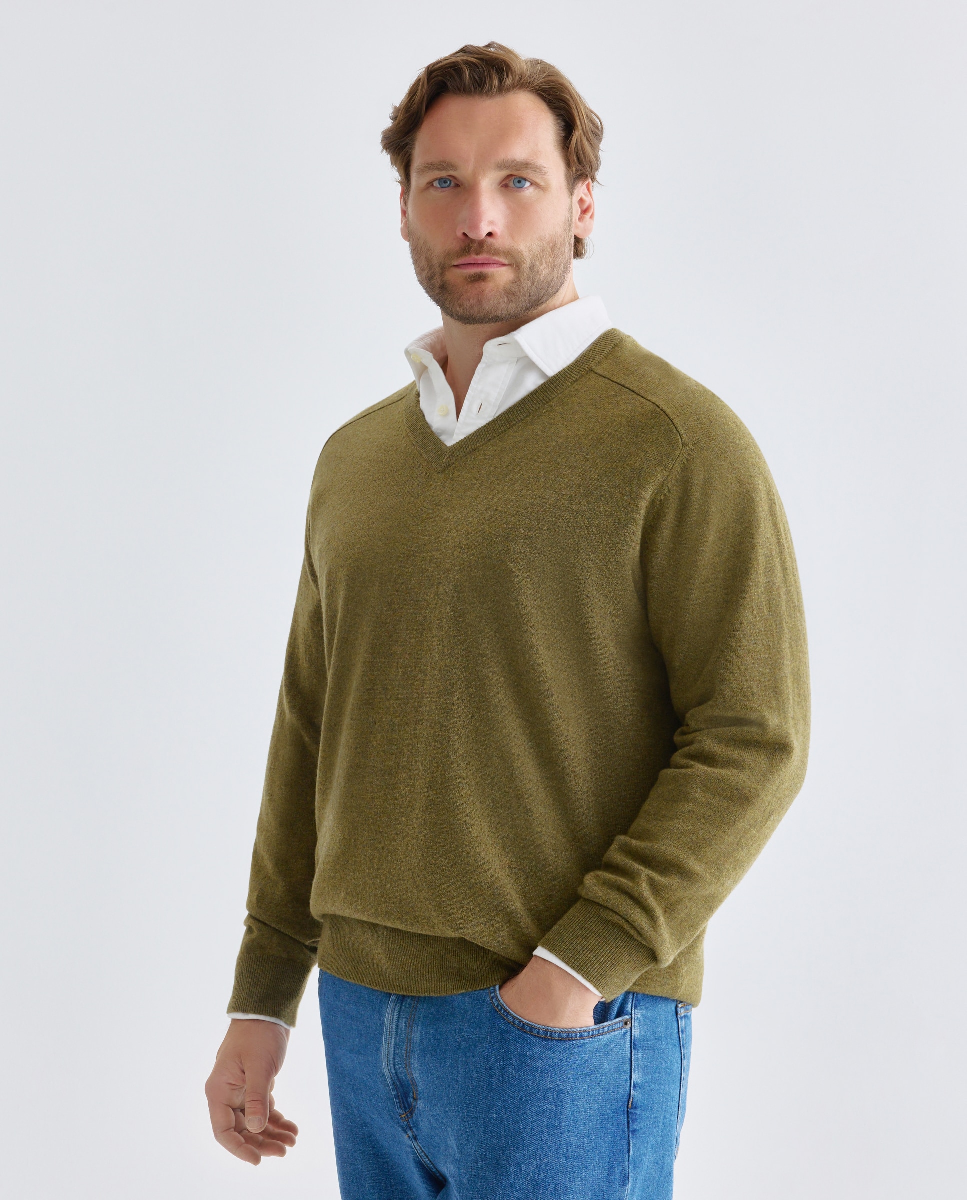 Jersey de hombre cuello pico liso lana cashmere tallas grandes - Emidio Tucci - Kaki Kaki-1