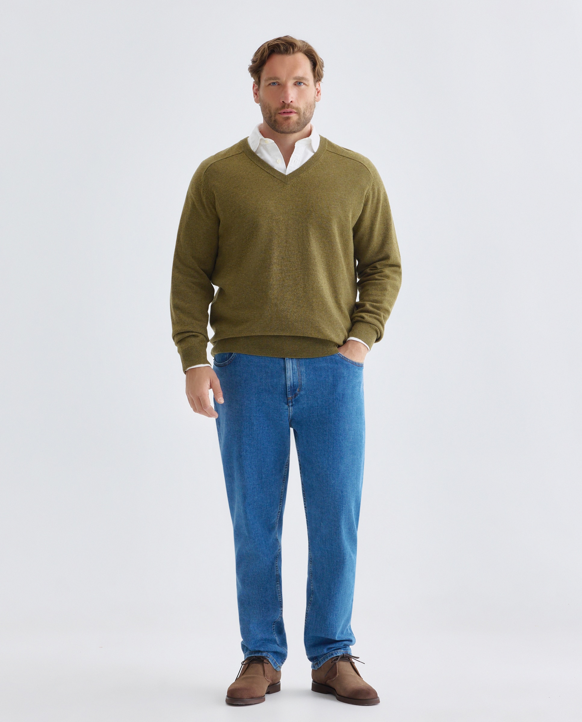 Jersey de hombre cuello pico liso lana cashmere tallas grandes - Emidio Tucci - Kaki Kaki-2