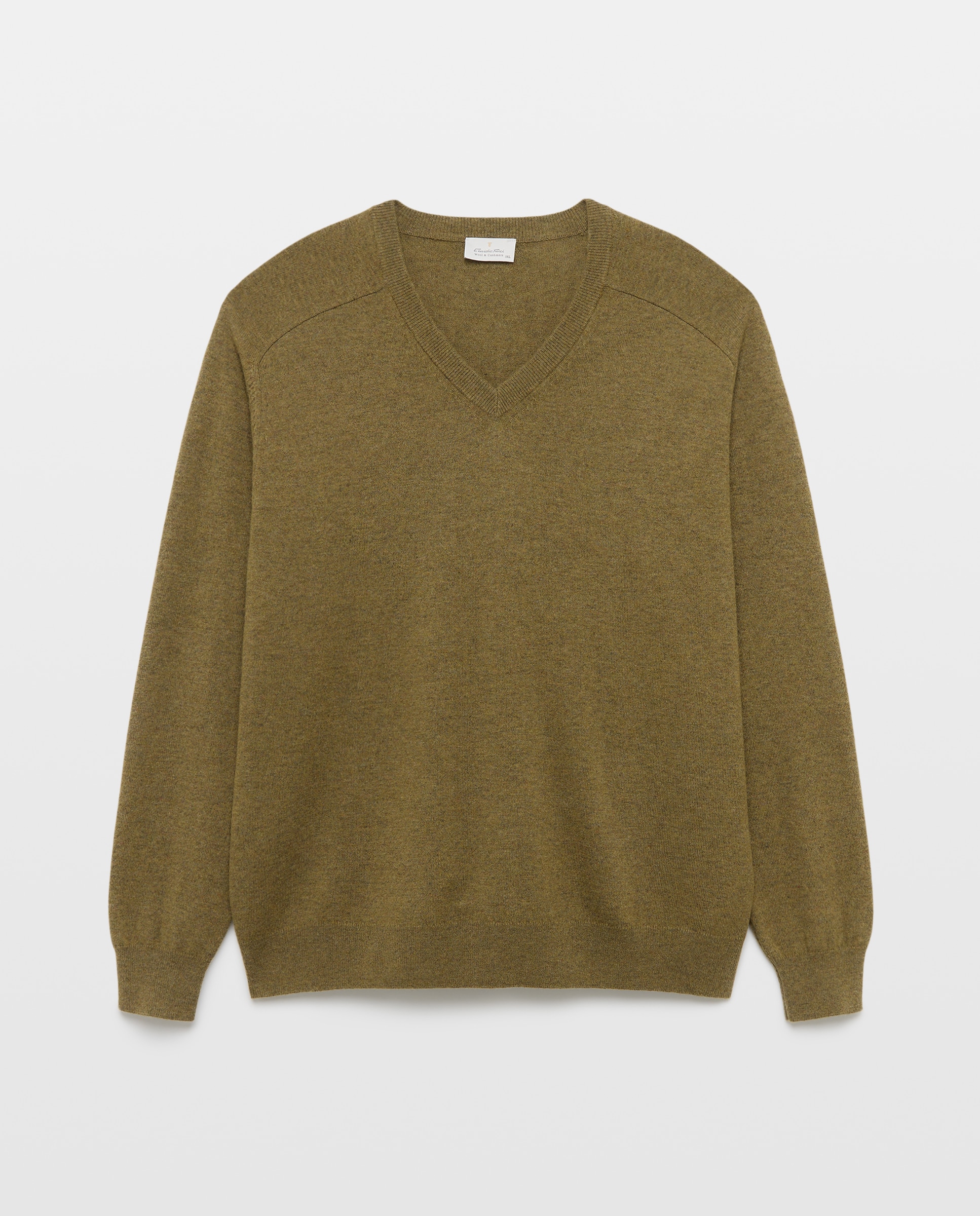 Jersey de hombre cuello pico liso lana cashmere tallas grandes - Emidio Tucci - Kaki Kaki-4