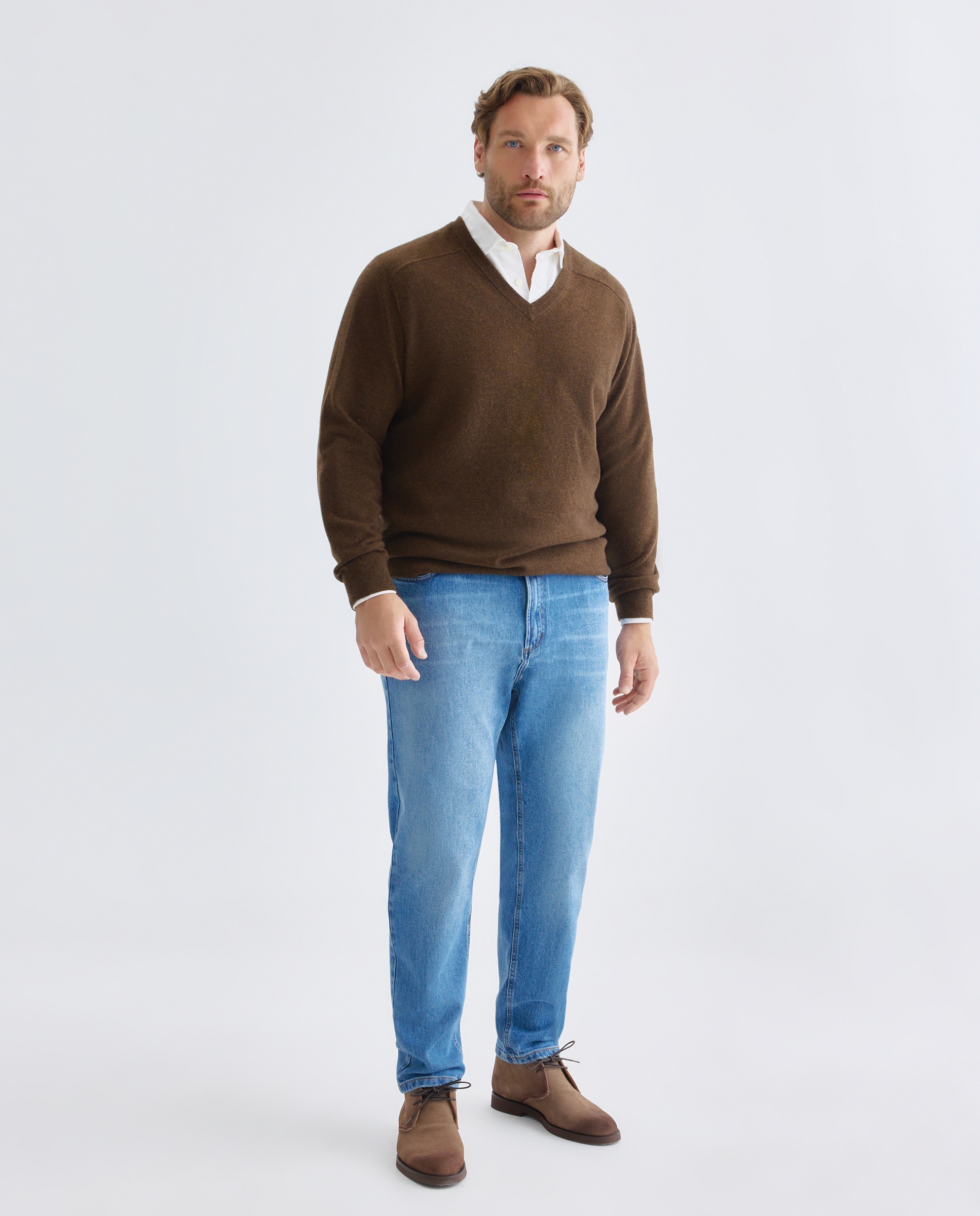 Jersey de hombre cuello pico liso lana cashmere tallas grandes - Emidio Tucci - Marrón Marrón-1