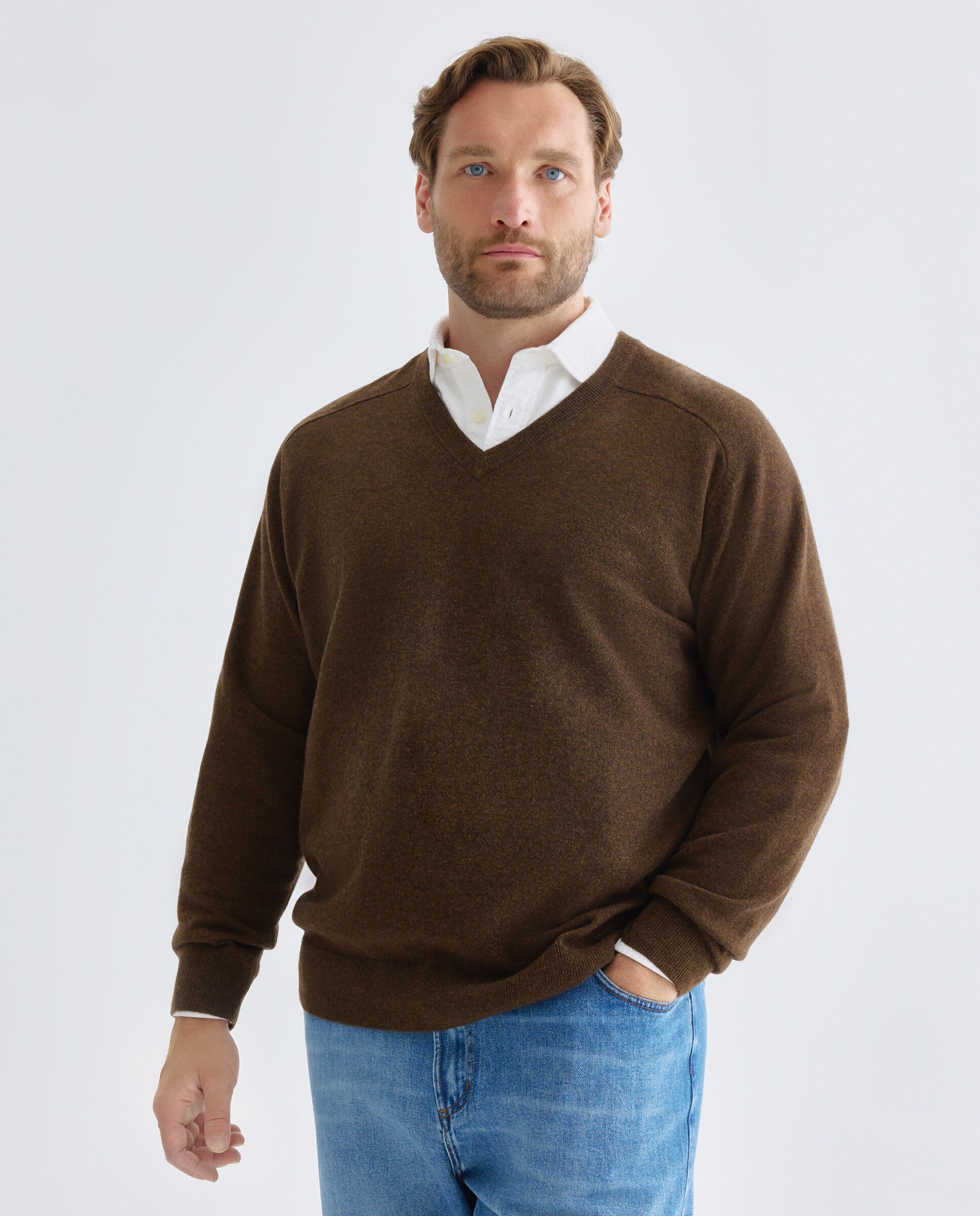 Jersey de hombre cuello pico liso lana cashmere tallas grandes - Emidio Tucci - Marrón Marrón-2