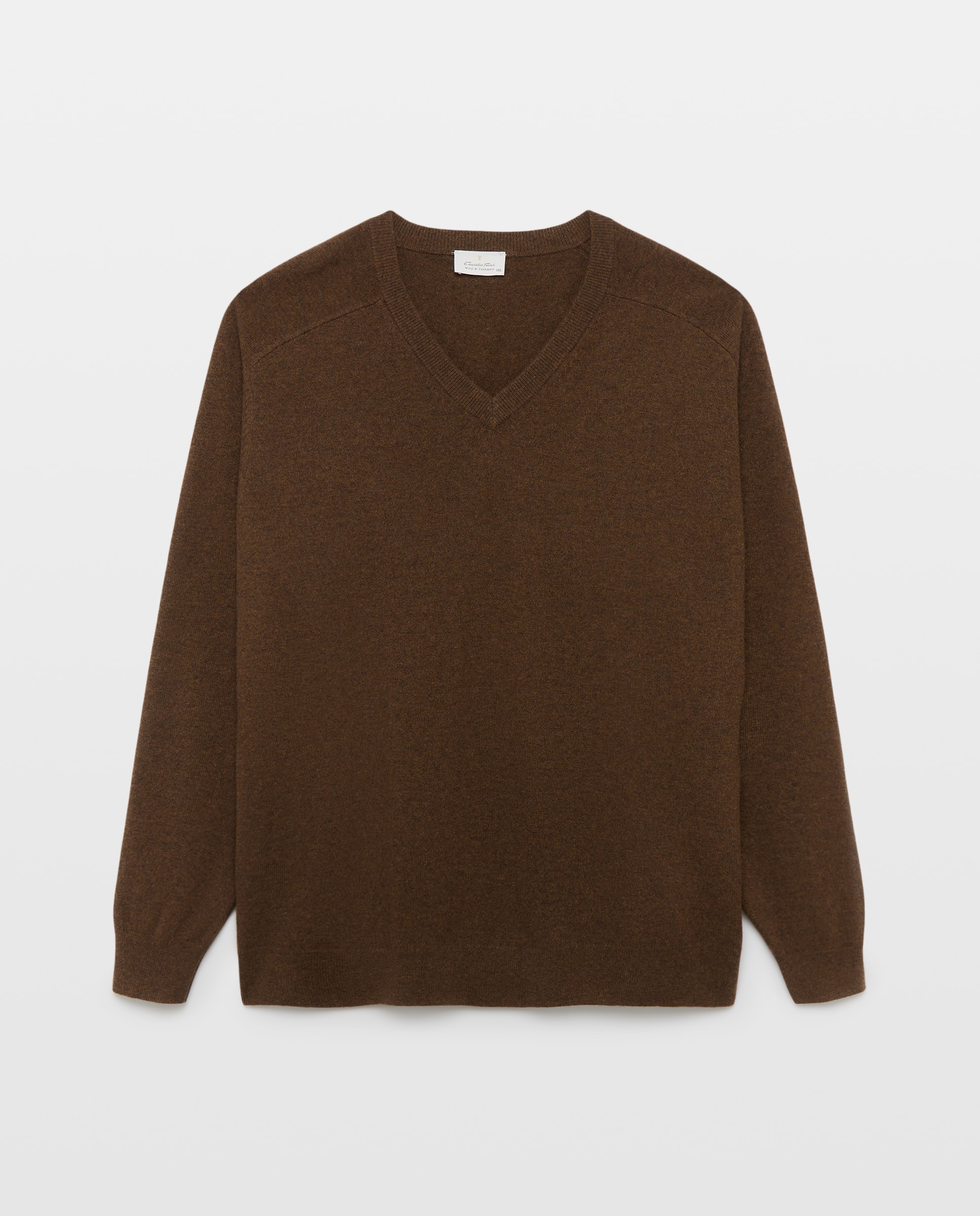Jersey de hombre cuello pico liso lana cashmere tallas grandes - Emidio Tucci - Marrón Marrón-4