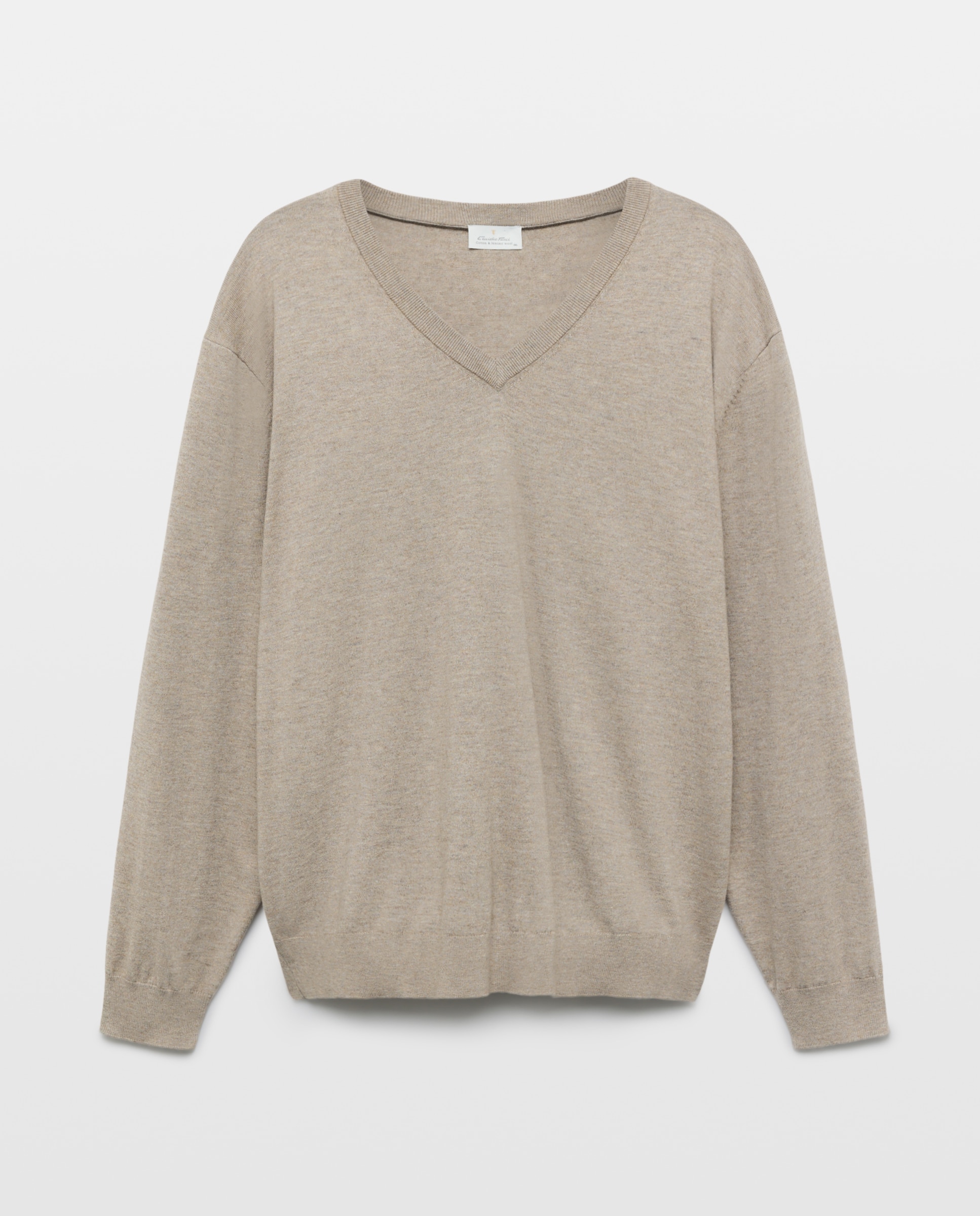 Camisola de Malha Lisa de Algodão Merino com Gola em Bico Tamanhos Grandes Castanho-claro-1
