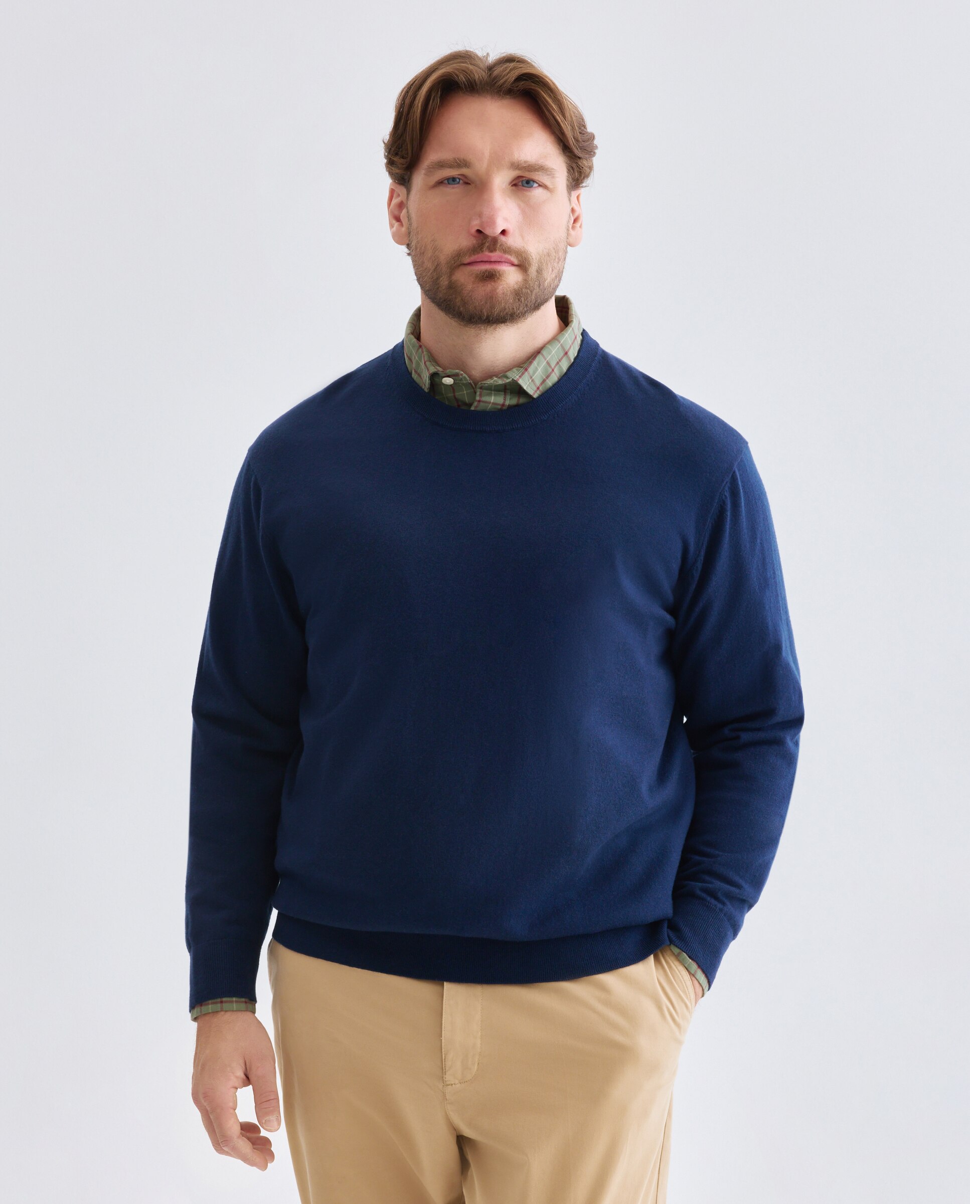 Jersey de hombre de cuello redondo liso algodón merino tallas grandes - Emidio Tucci - Azul marino Azul marino-2