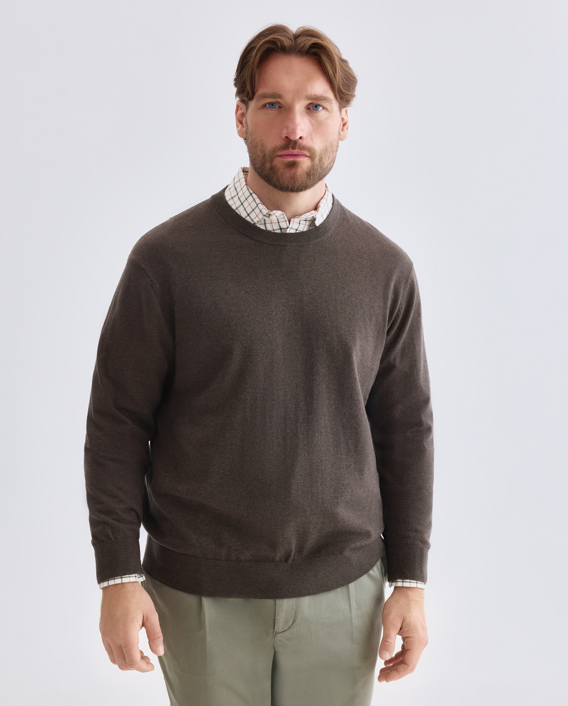 Jersey de hombre de cuello redondo liso algodón merino tallas grandes - Emidio Tucci - Marrón Marrón-2