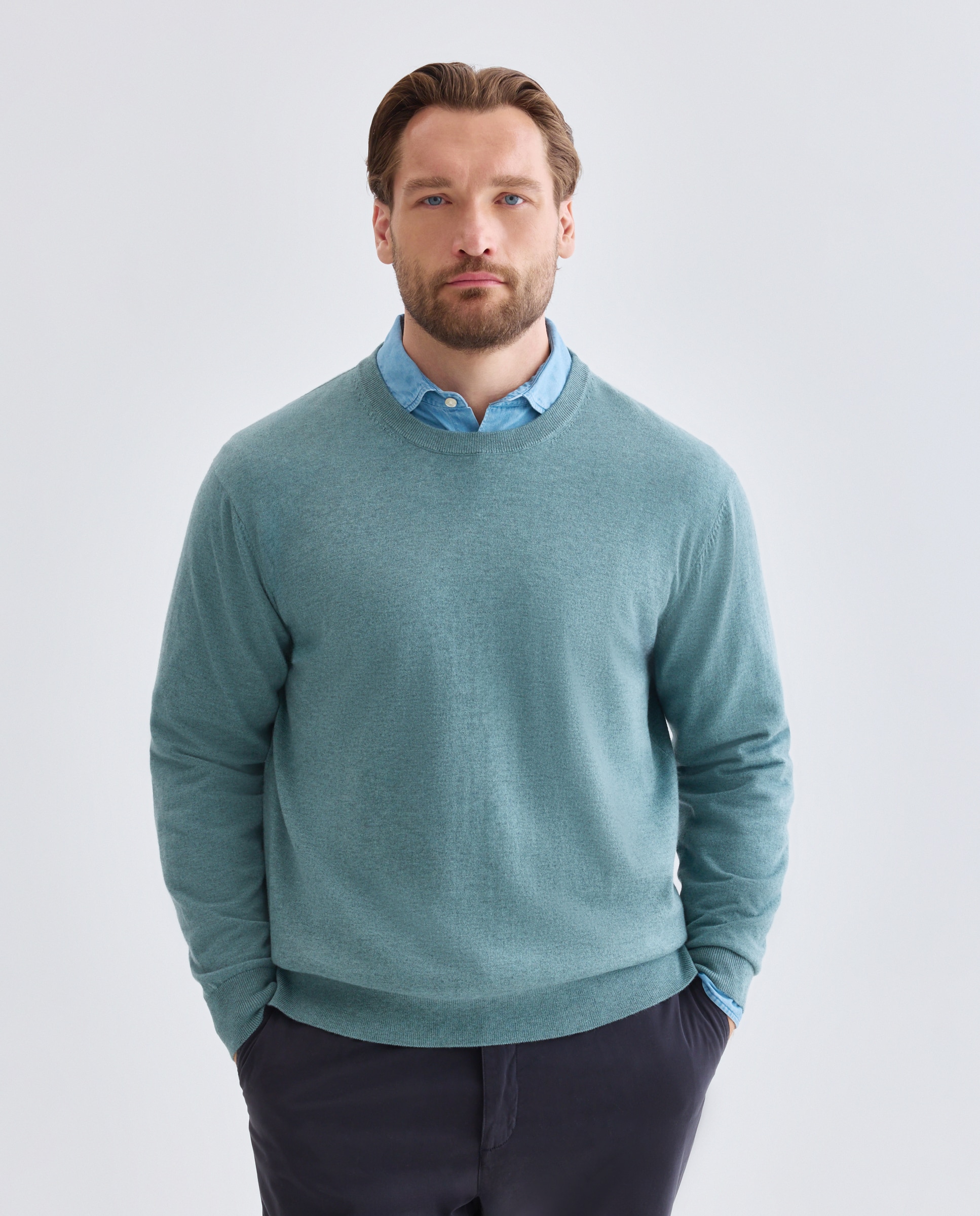 Jersey de hombre de cuello redondo liso algodón merino tallas grandes - Emidio Tucci - Azul Azul-1
