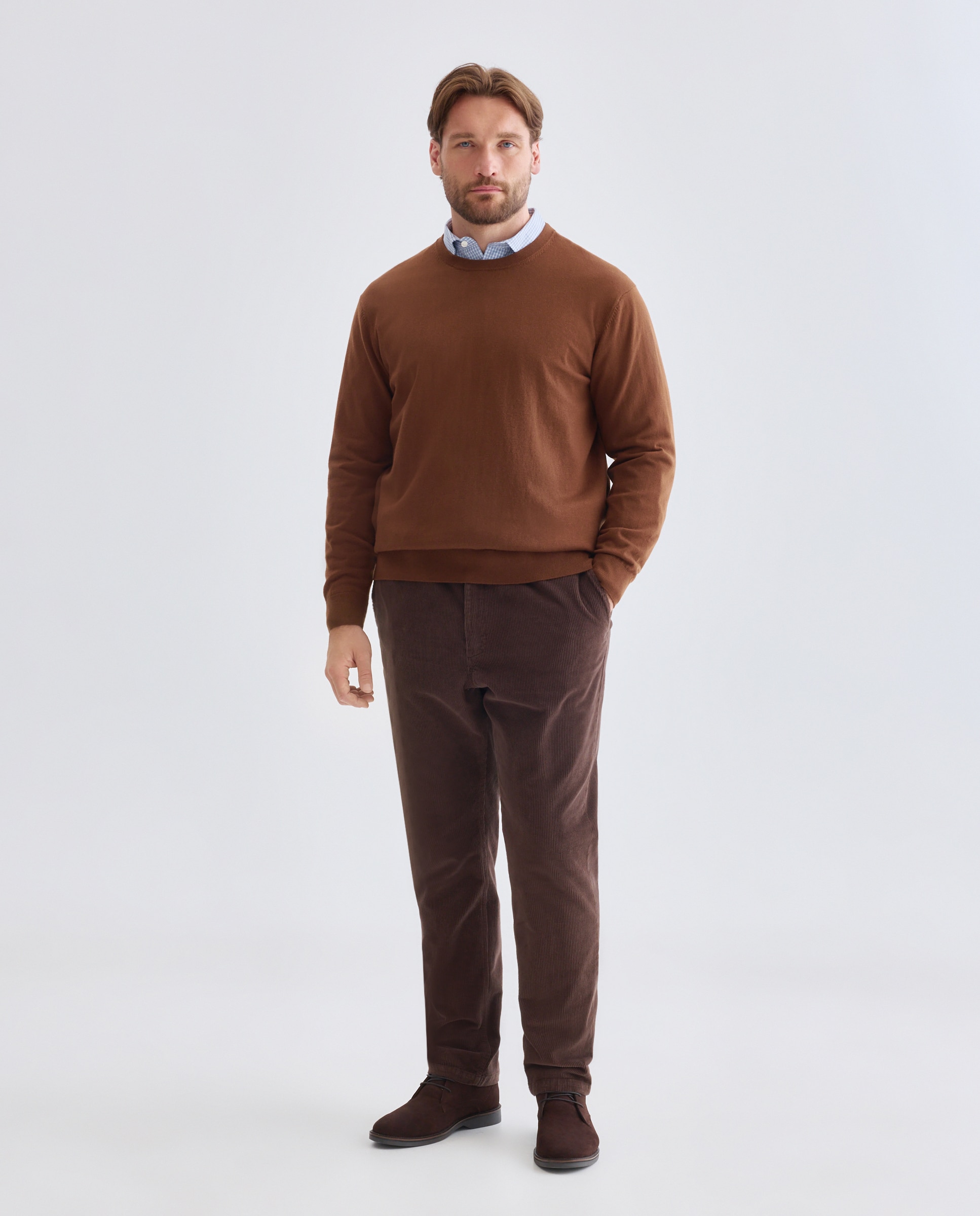 Camisola de Malha Lisa de Algodão Merino com Gola Redonda Tamanhos Grandes Castanho-claro-3